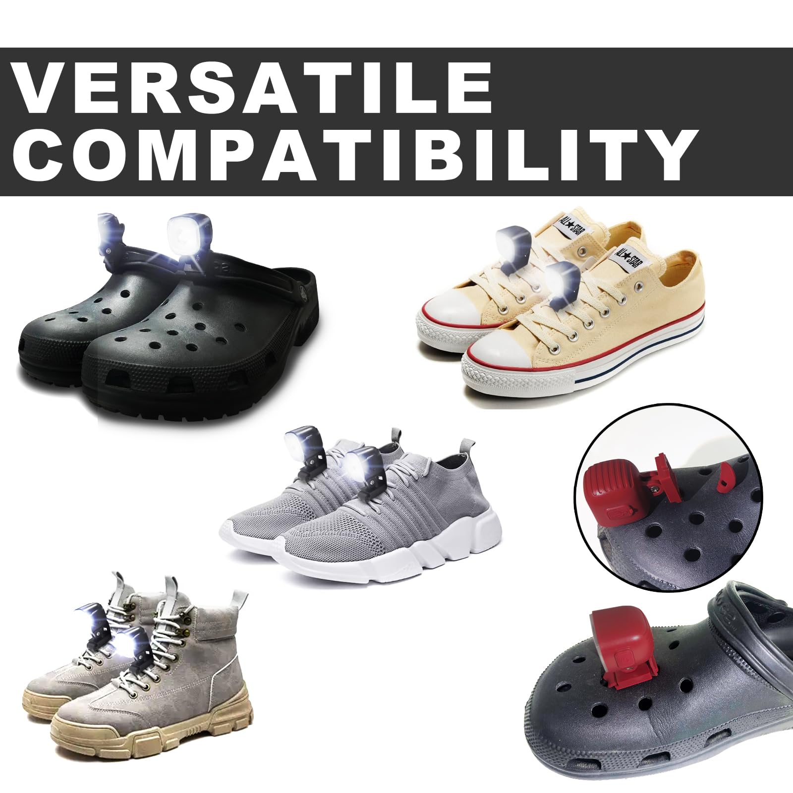 infisu Headlights for Shoes, 2pcs Rechargeable Headlamp Accessories, Compatible with Crocs, Black, Model EGOTCLSBK