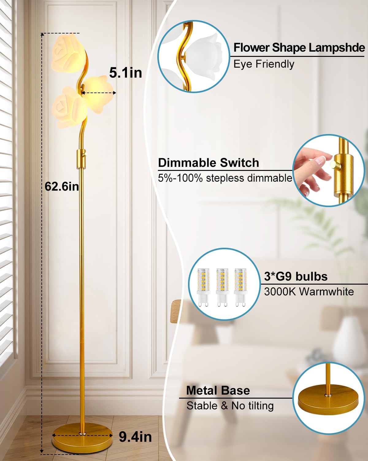 Lightdot Gold Flower Floor Lamp Stepless Dimmable Modern Mid Century Standing Lamp Floral 3-Light Floor Lamps With 3000K G9 Bulb