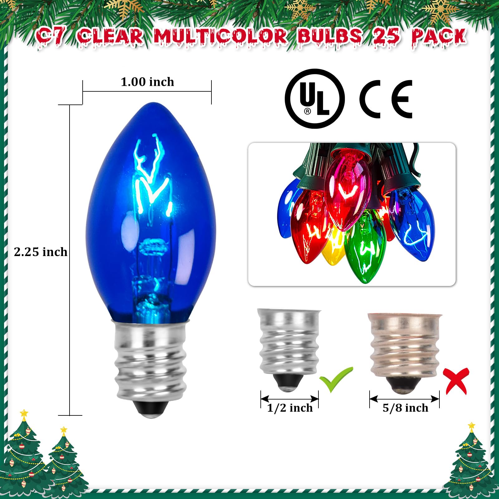 Agaphoton 25 Pack C7 Ceramic Christmas Replacement Bulbs, Clear Multi-Color Bulbs For E12 Candelabra Base Outdoor/Indoor Light S