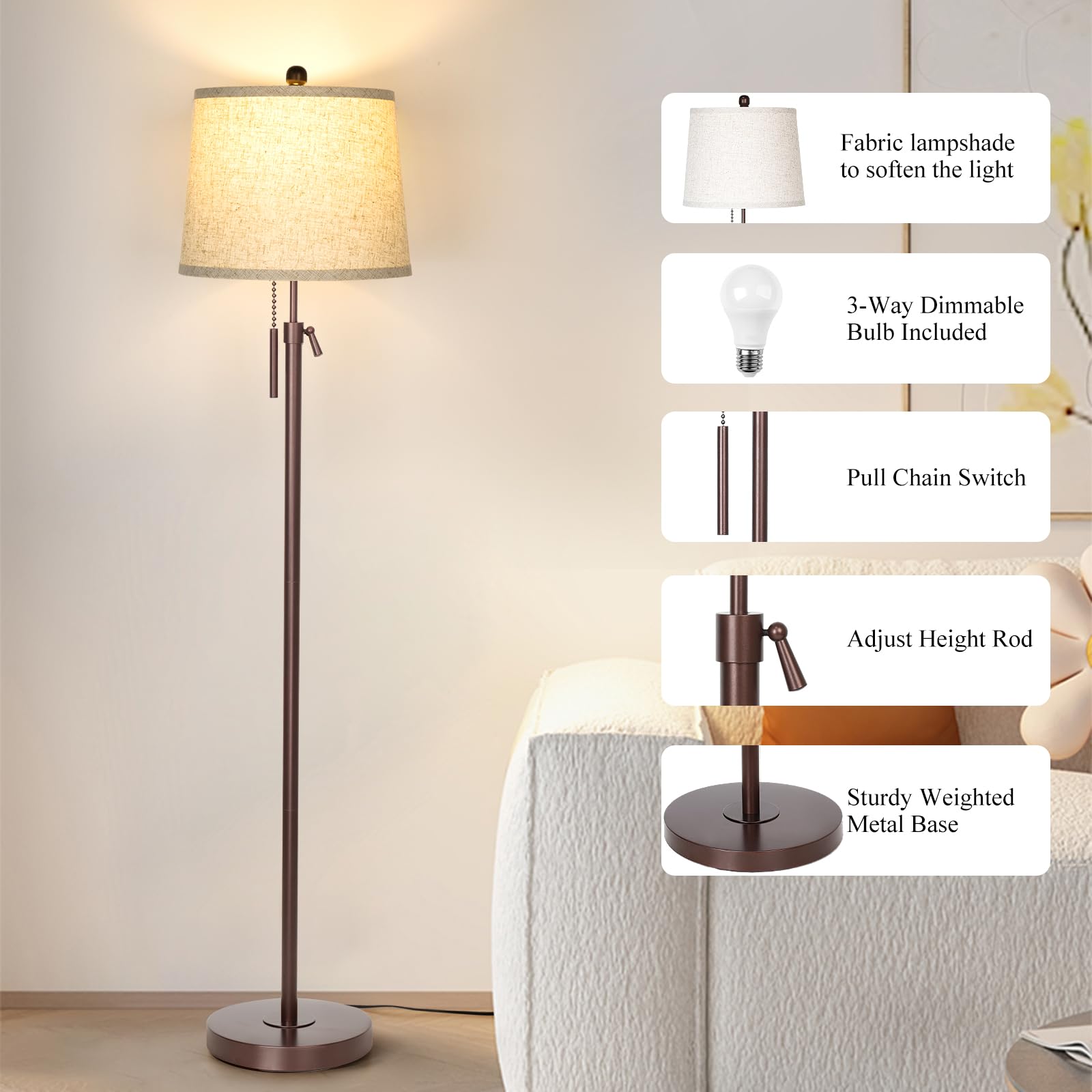 Junnai Modern Floor Lamp Adjustable Height Standing Lamp Tall Lamp With 3 Color Temperatures Floor Lamps For Living Room Bedroom Office Beige Shade Bulb Included-Brown