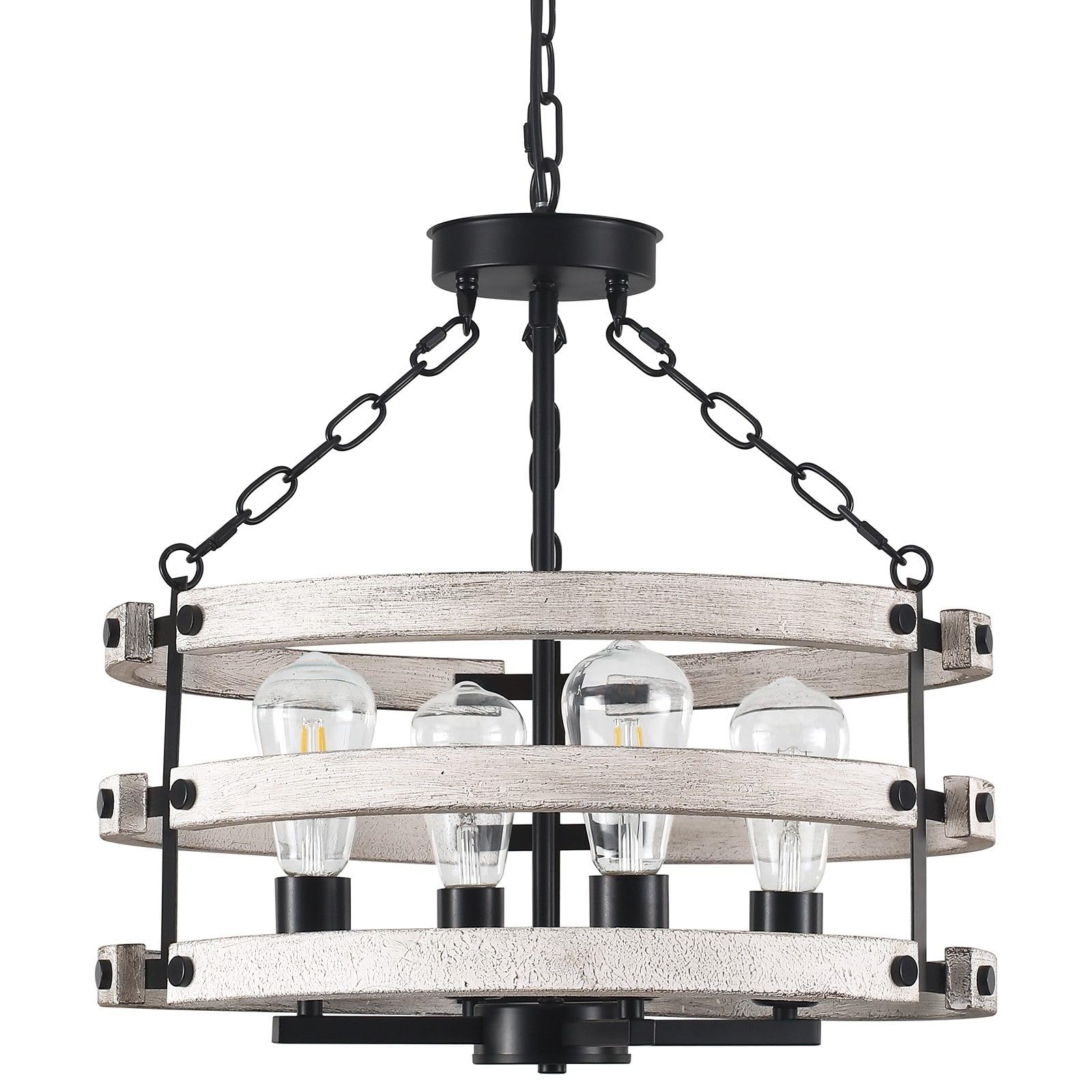 Luupyia Rustic Farmhouse Chandelier, 18.89in White Drum Pendant Light, 4 Lights, Metal Fixture for Dining Room, Model EL00291