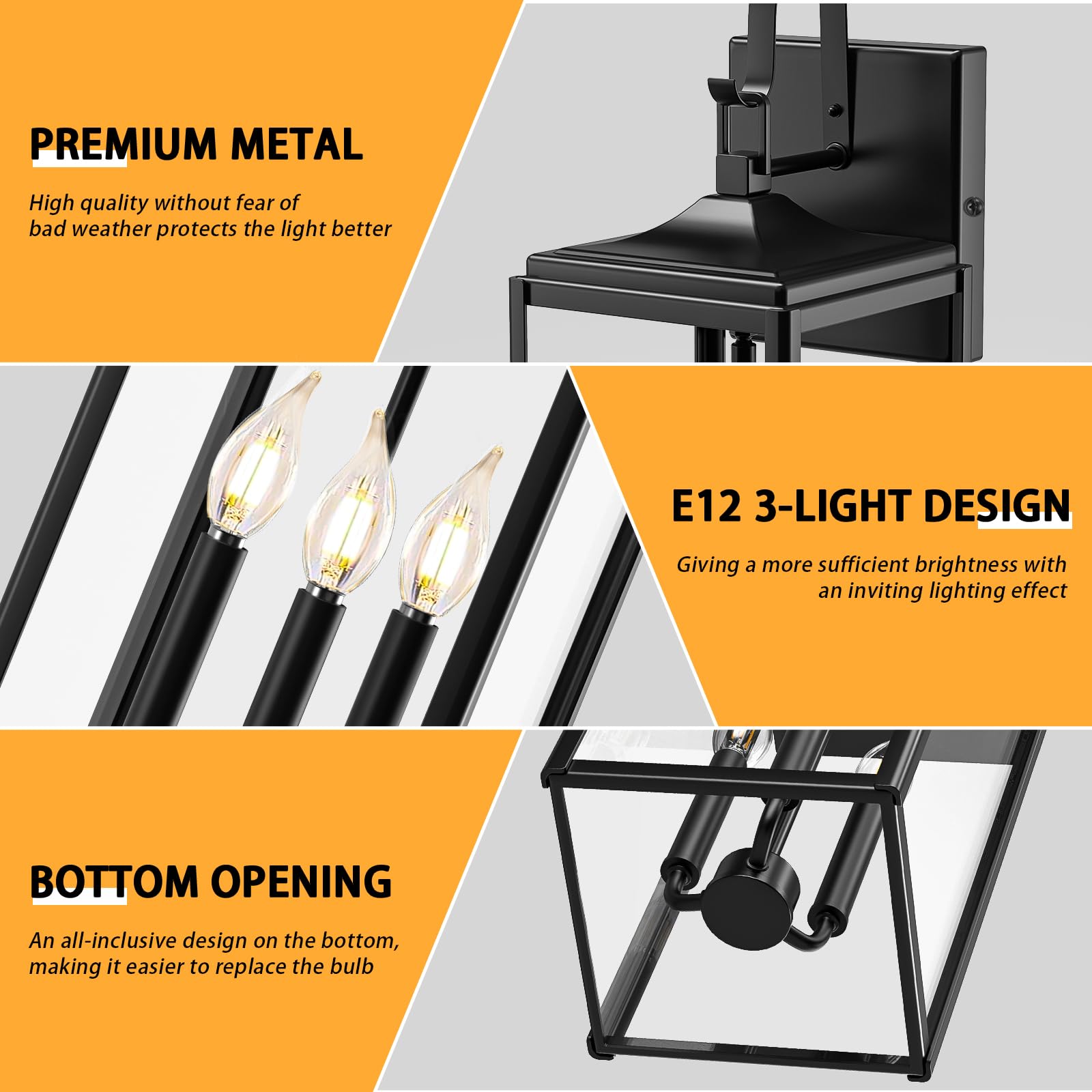 24 Extra Large Outdoor Wall Light 2 Packs  Black Exterior Lighting Fixtures Outdoor Porch Lantern Wall Mounted  Waterproof Modern Outside Wall Sconce  E12 3-Light Coach Lamp For House Patio Garage