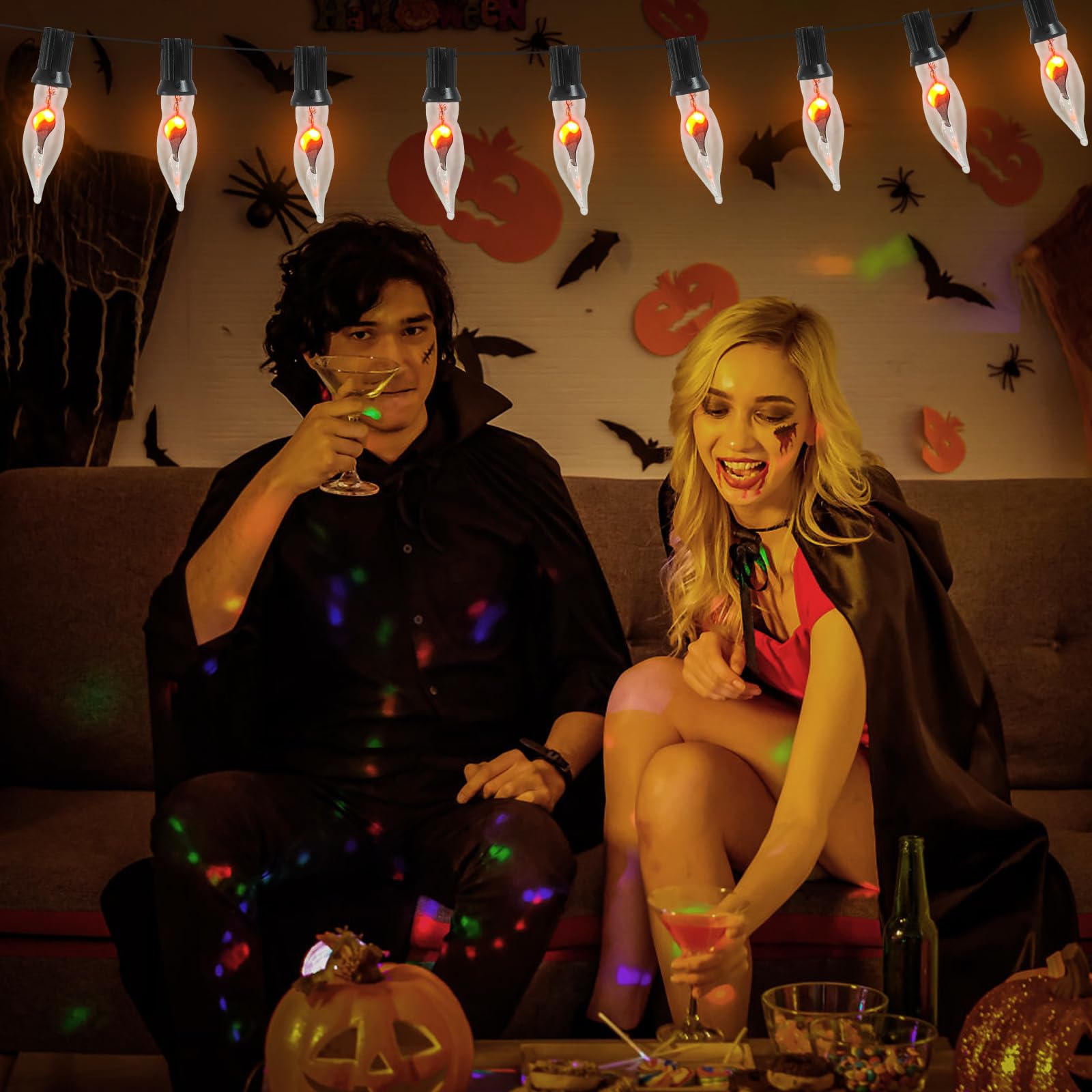 Romasaty C18 Halloween Flicker Flame String Lights, 10FT, Orange Glow, 10 Light, Black Wire