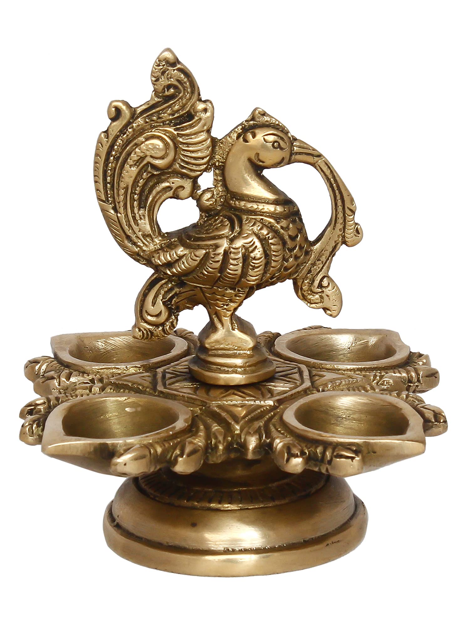 eCraftIndia Golden Brass Decorative Handcrafted Peacock Showpiece with Diya of 4 Wicks - Auspicious Designer Diya, Deepak, Deepa