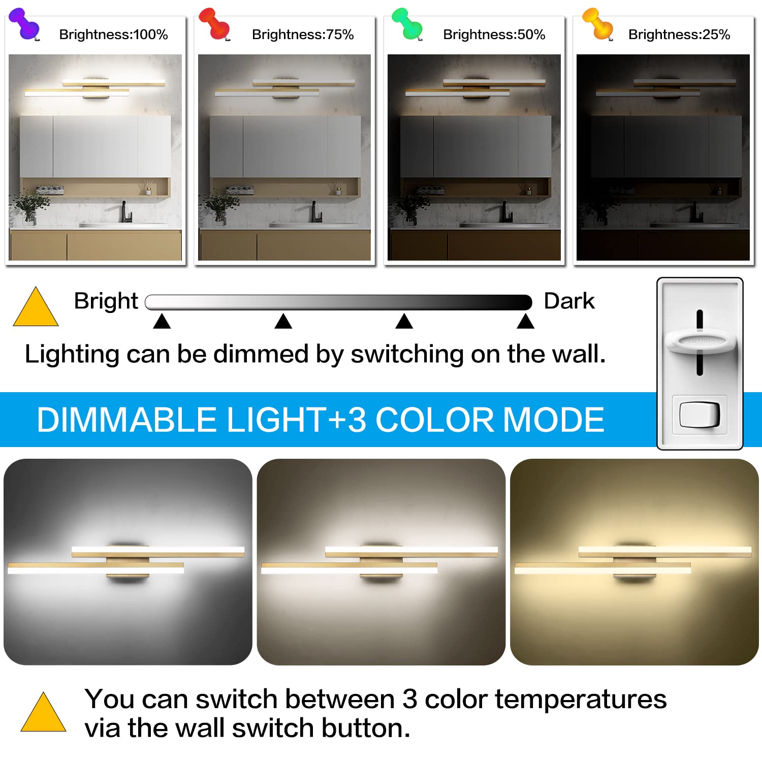 PRESDE Bathroom Vanity Light, Dimmable 3-Color LED, 32in, Metal, Gold Finish