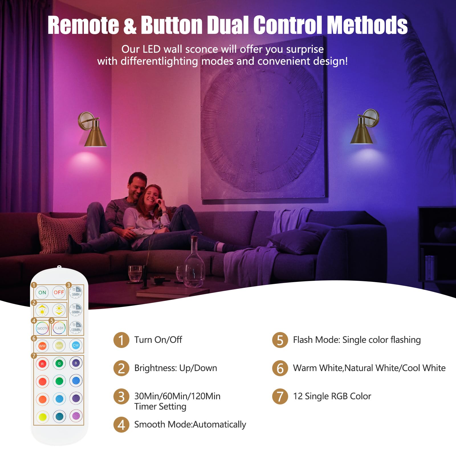 Bailoch Rechargeable Wall Sconce Set of 2, Wireless Dimmable, Gold, Model BLWS004B2, Battery Operated, LED Bulb Included