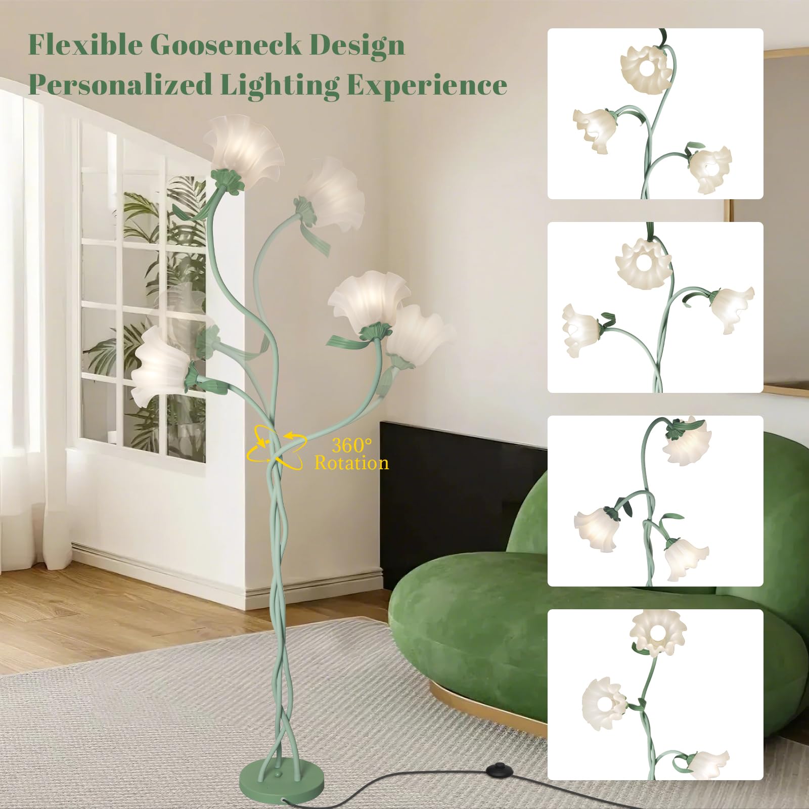 Flower Standing Lamp For Bedroom, Cute Corner Floor Lamp With Flexible Gooseneck,3 Light Floor Reading Lamp With 3 Color Tempera