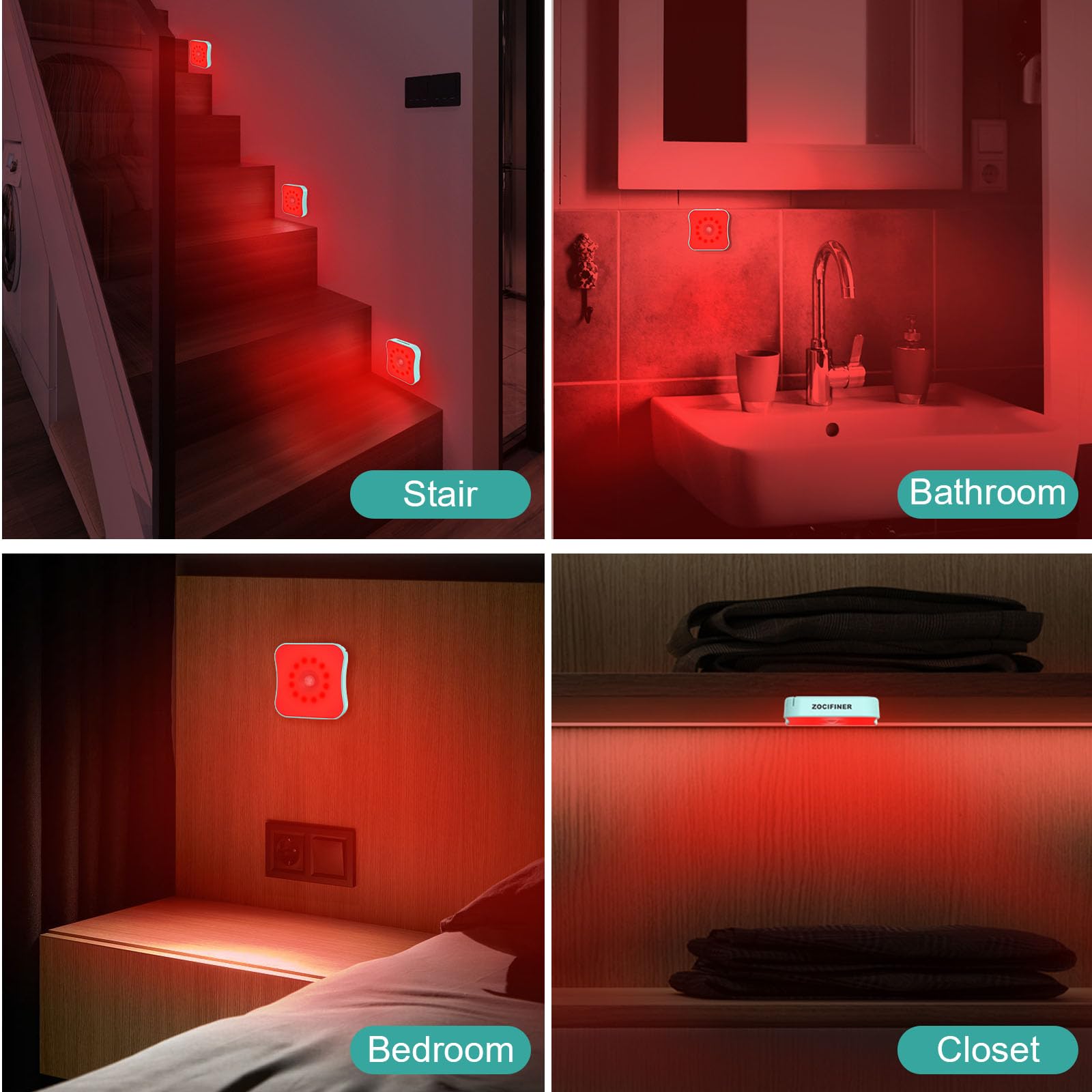ZOCIFINER Rechargeable Red Night Lights with Motion Sensor, Magnetic Stick-On Design for Bathroom, Bedroom, and Stair - 4 Pack