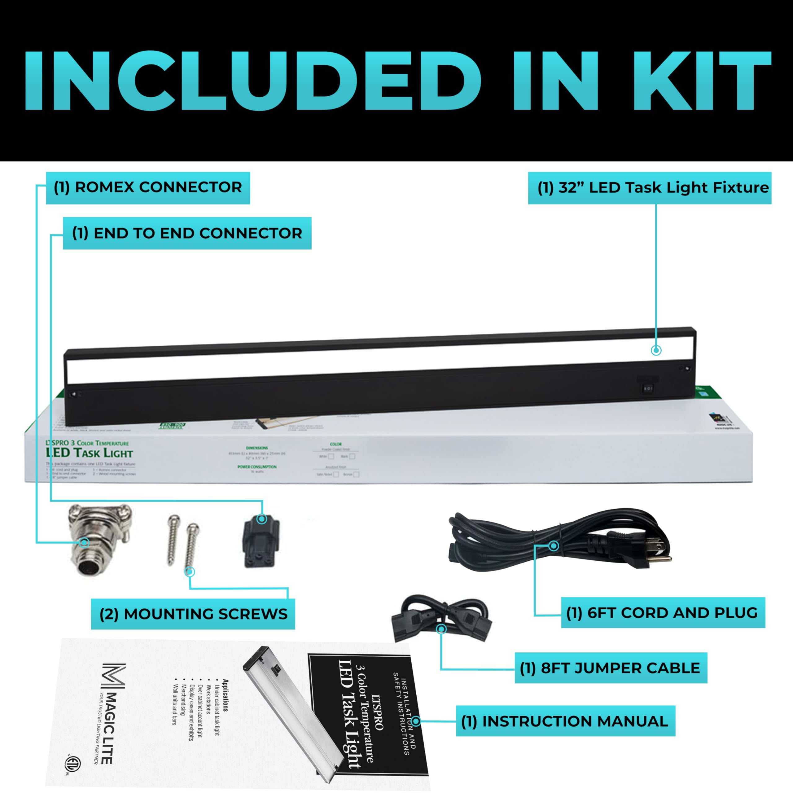Magic Lite 32 Inch Black Led Under Cabinet Lighting - Dimmable -3 Color Temperature Slide Switch - Warm White (2700K)  Soft White (3000K)  Cool White (4000K) - Plugged-In Or Hardwired Installation