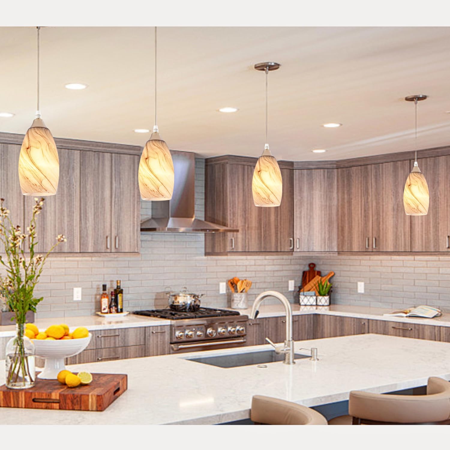 Go&So Honey-Bronze Gradient Flow Pendant Light Shade  7.8H Oval Fixture  1.57 Fitter  3 Pack Kitchen Pendant Lighting Over Island -Hand-Blown Fluid Line Texture For Chandelier Replacement Shades Set