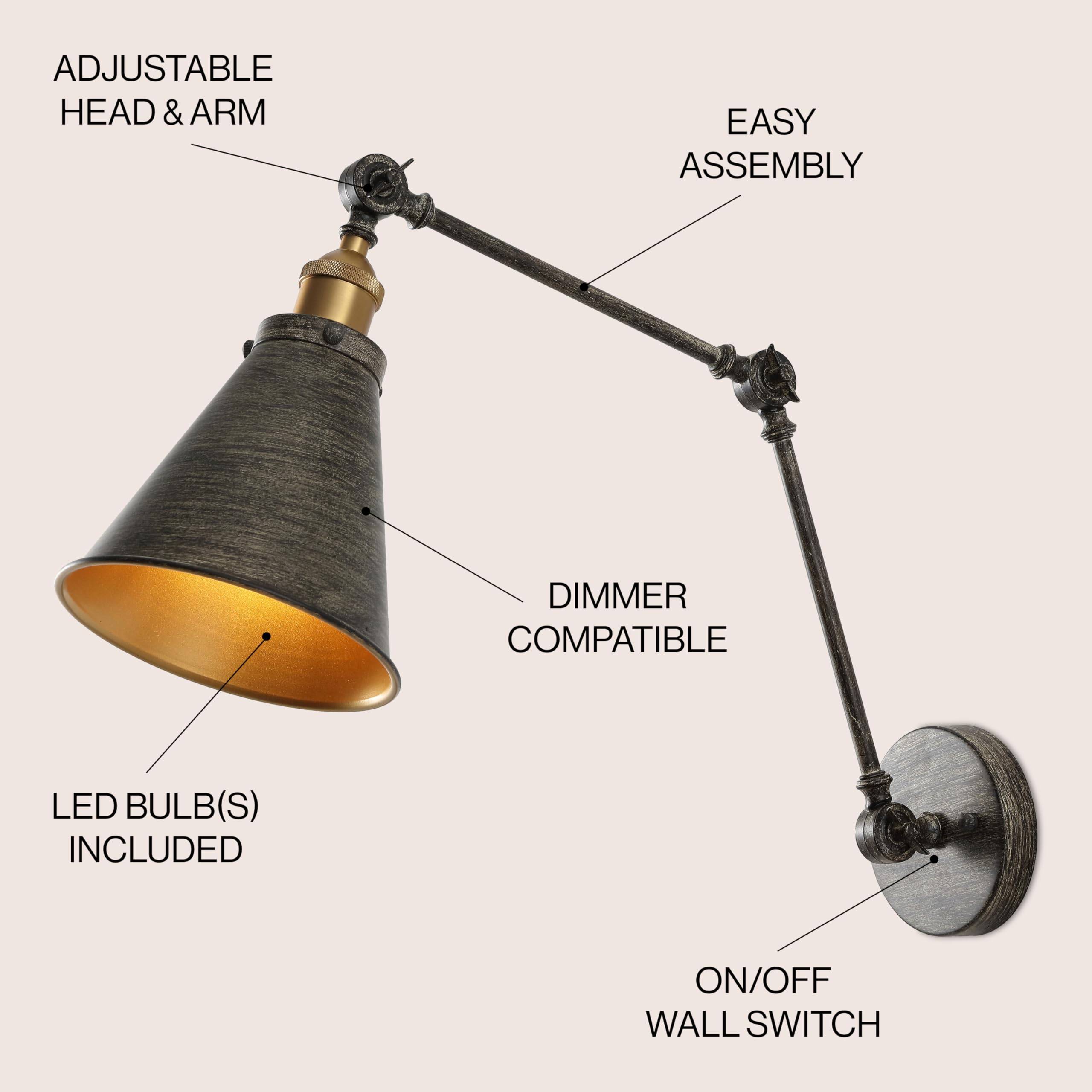 Jonathan Y Jyl7462D Rover 7'' Classic Industrial Metal Adjustable Arm Led Wall Sconce, Rustic Dark Gray/Brass Gold For Bedroom,