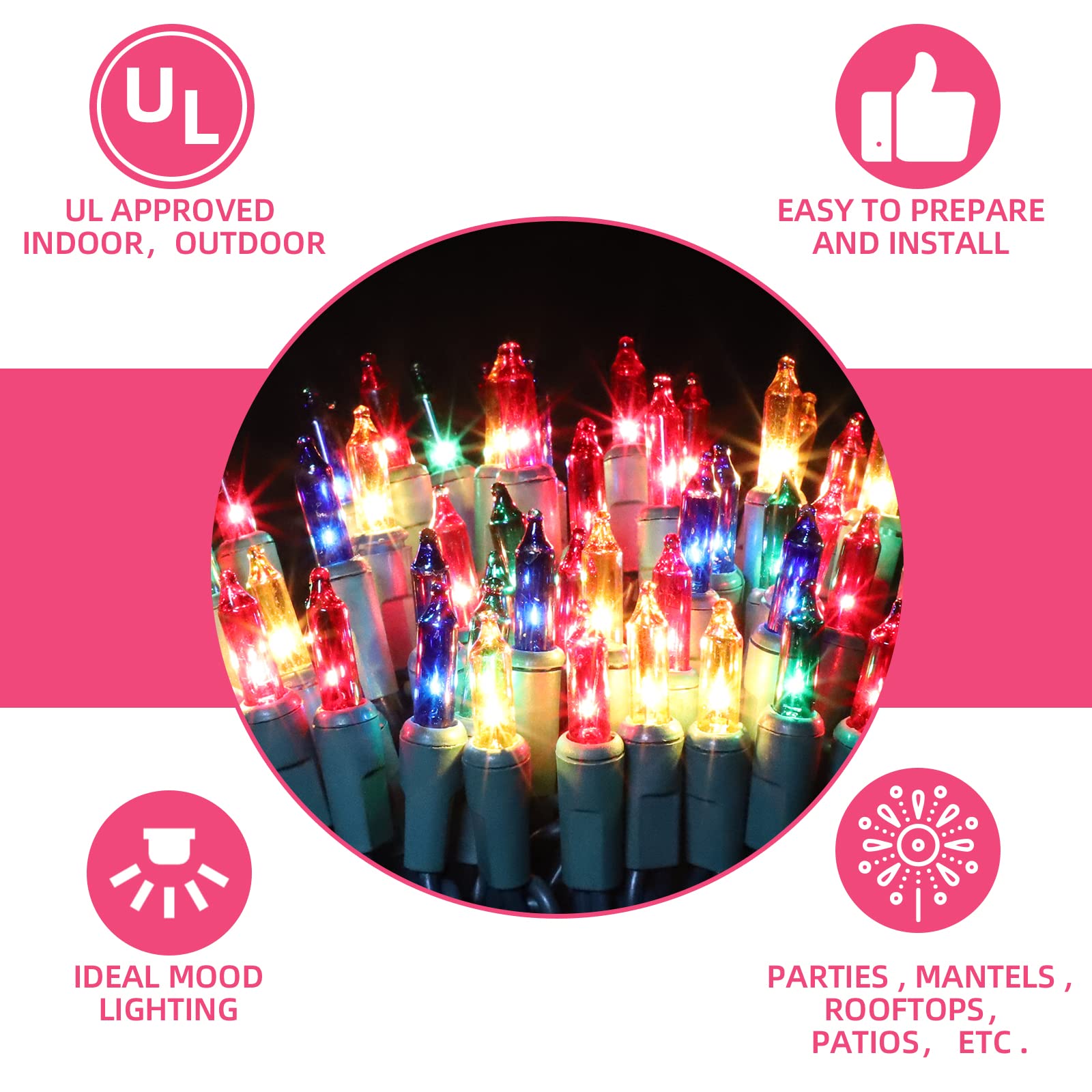 Xmashome 19.6Ft Green Wire Multicolor String Lights, 100 Count Incandescent Christmas Lights, (Multicolor, 100 Lights)