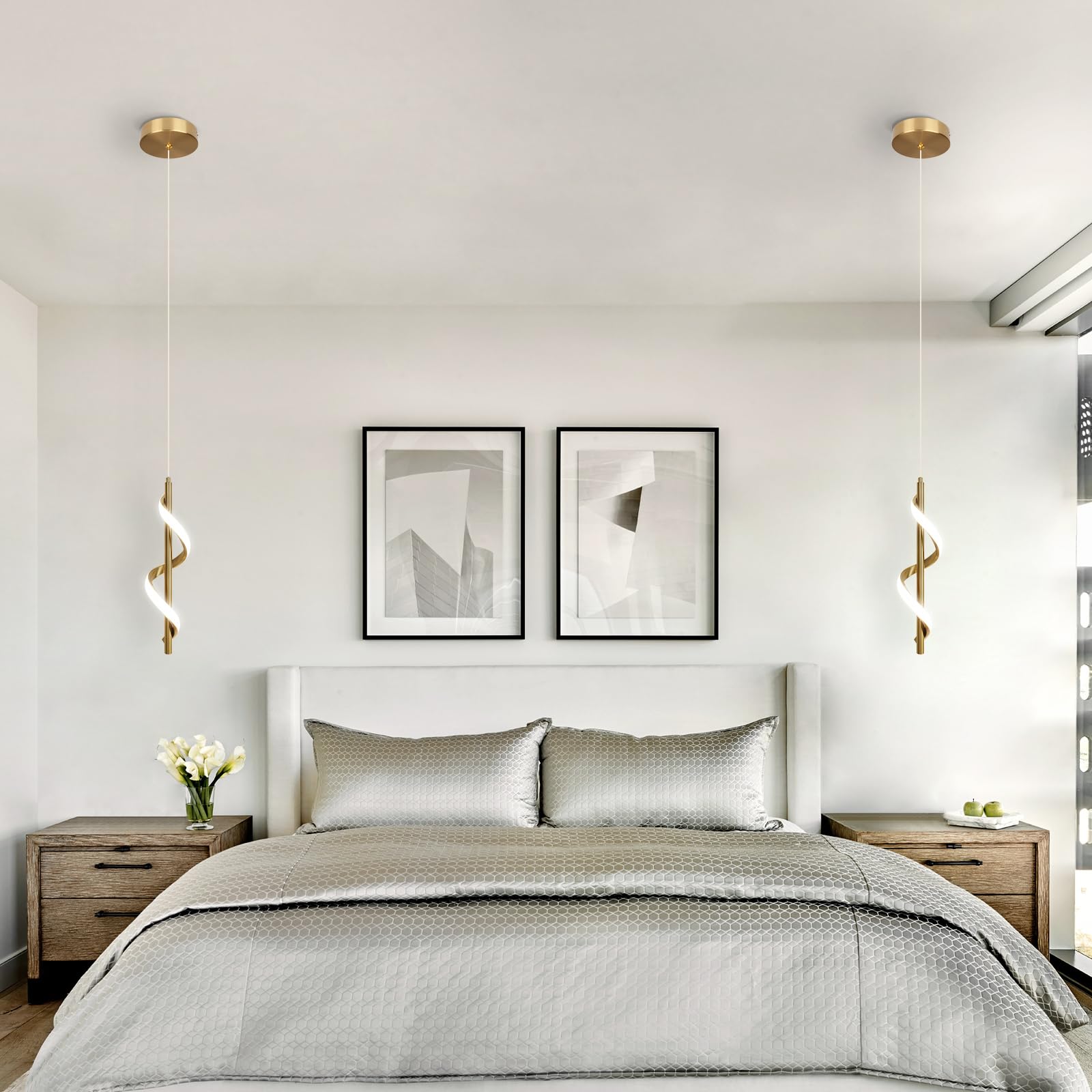 Caneoe Gold Pendant Light, Spiral Modern Led Pendant Lighting For Kitchen Island, 5500K Brushed Brass Ceiling Hanging Light Fixt