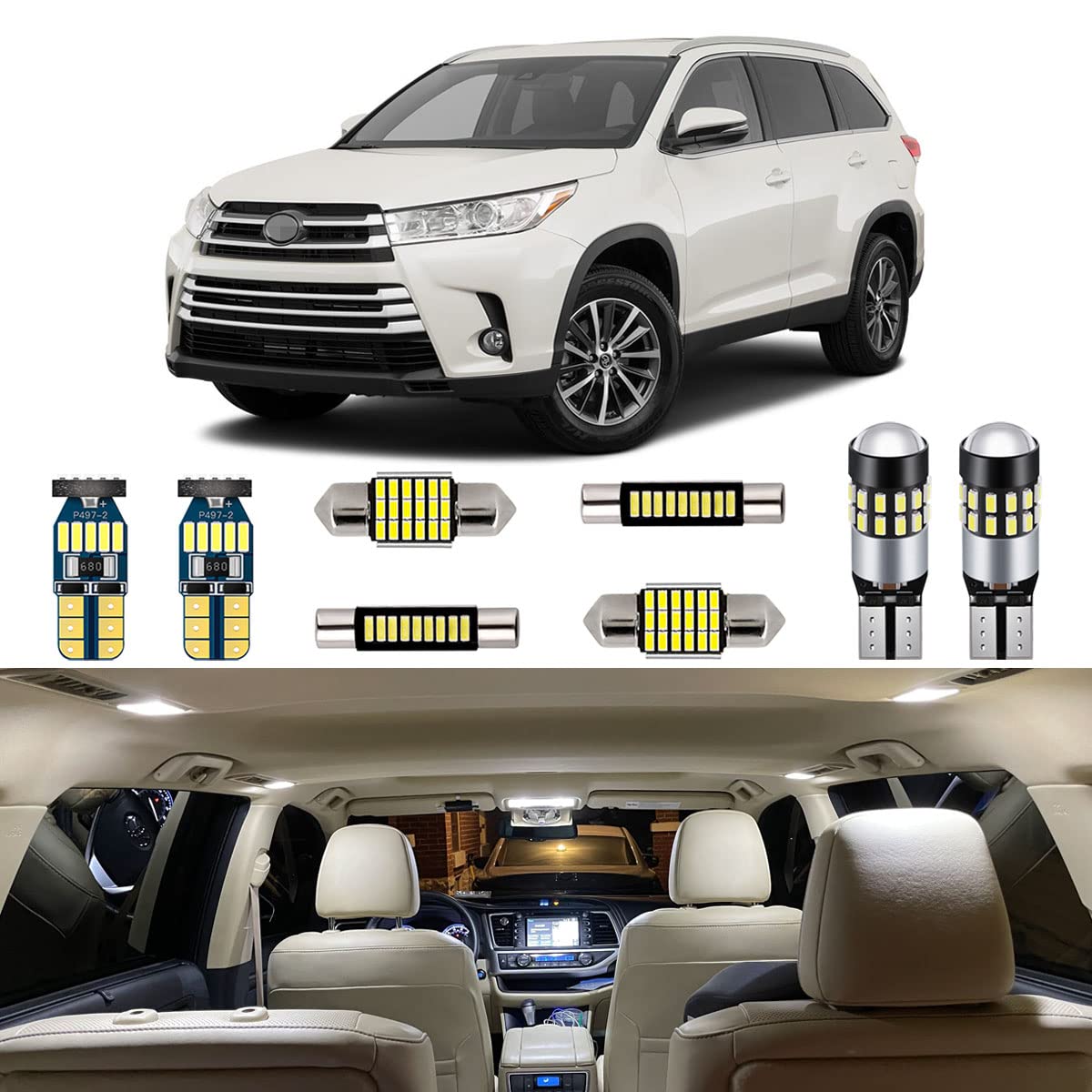 AUTOGINE 13 Piece White Interior LED Lights Kit for Toyota Highlander 2014 2015 2016 2017 2018 2019 Super Bright 6000K Interior 