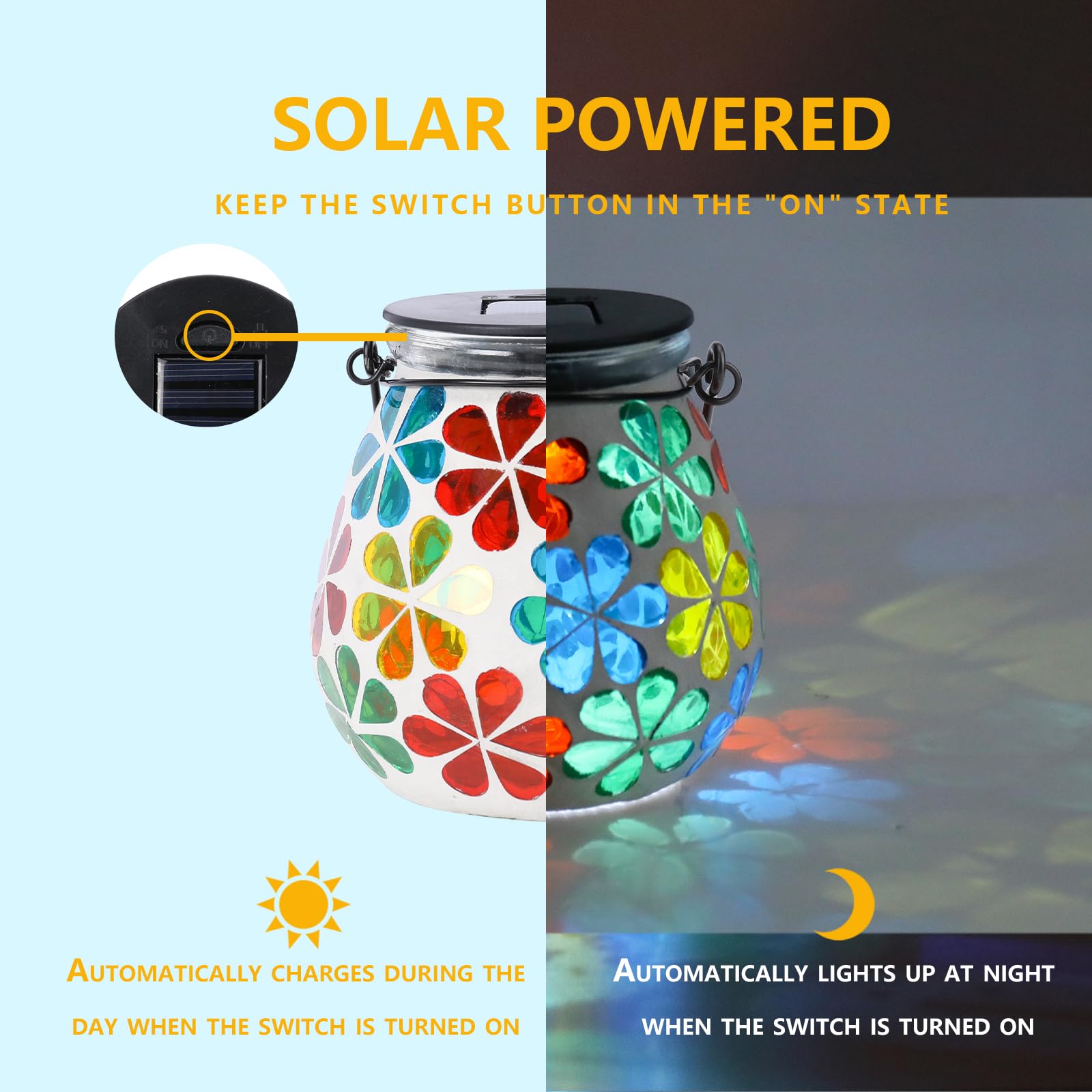 Afirst Mosaic Solar Lantern - Glass Hanging Lights, Waterproof Table Lamp for Garden/Patio - Model 5033540A, Flower Color