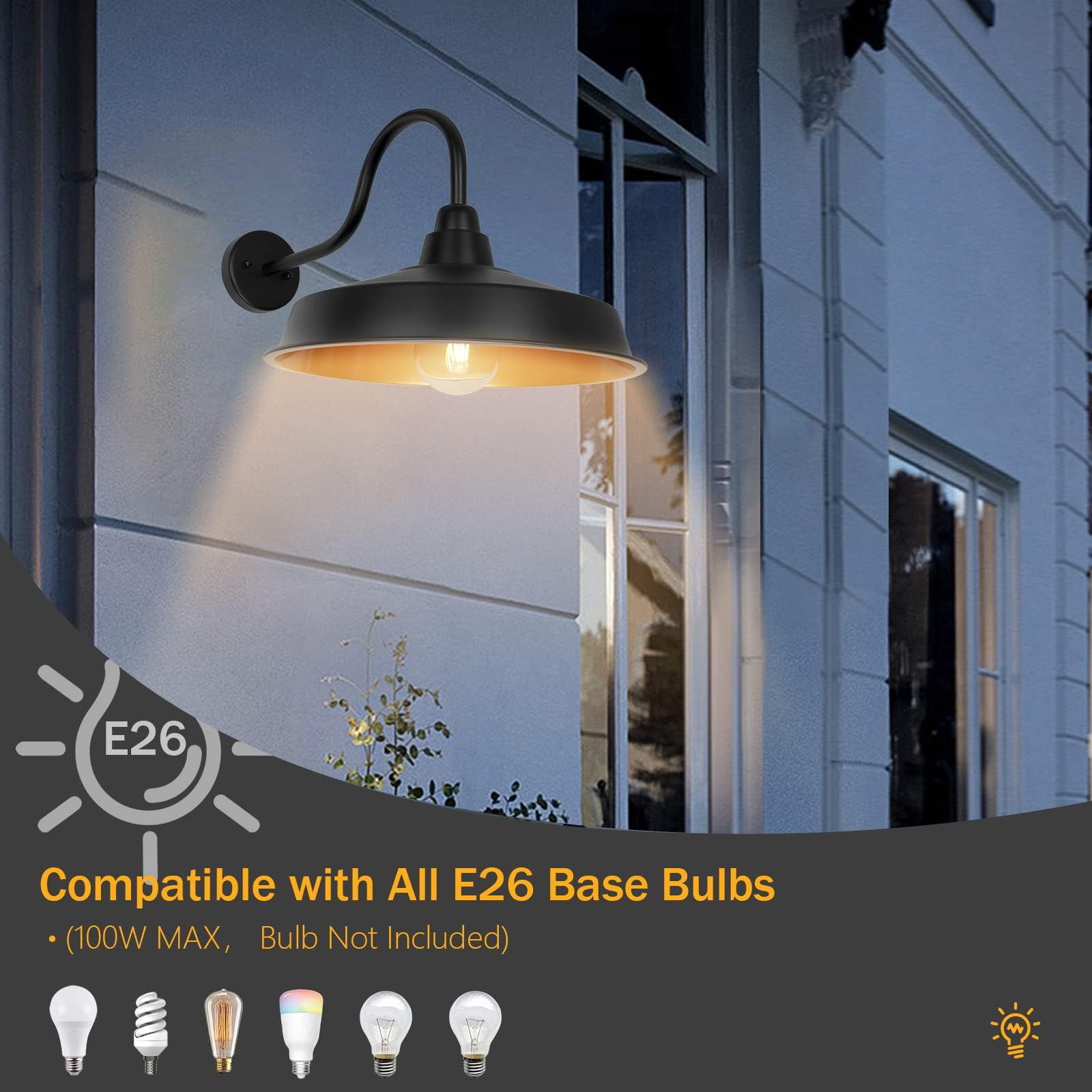 Diyel Gooseneck Barn Light Fixture, 16 Inch, Iron, Black & Gold, Wall Mount, 3 Pack, Model RZ020