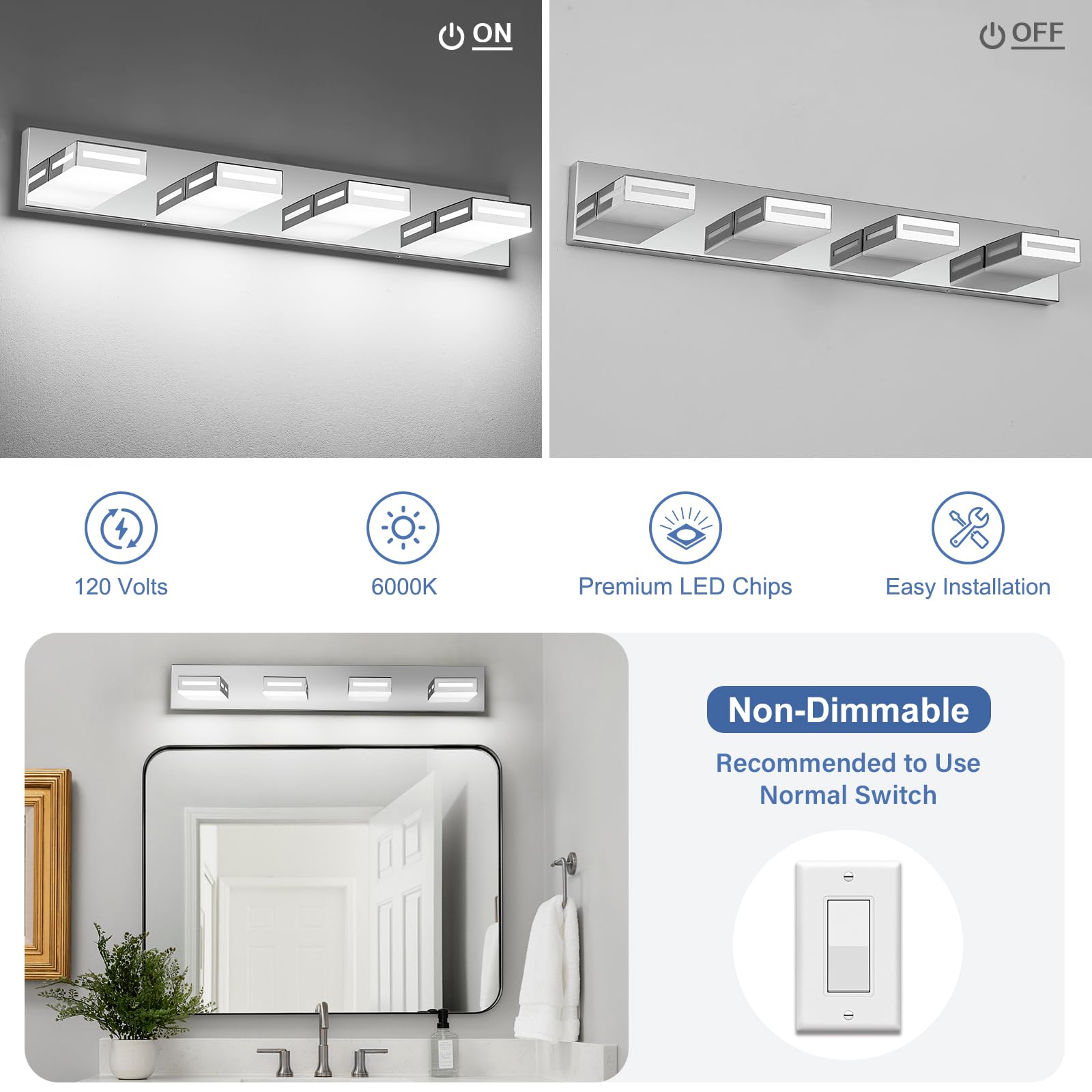 Donrao 30-Inch 4-Light Led Modern Chrome Bathroom Vanity Light Fixtures Over Mirror  Bathroom Lighting Fixtures With Cool White 6000K  Rotatable Vanity Wall Lights For Bath Restroom Powder Room