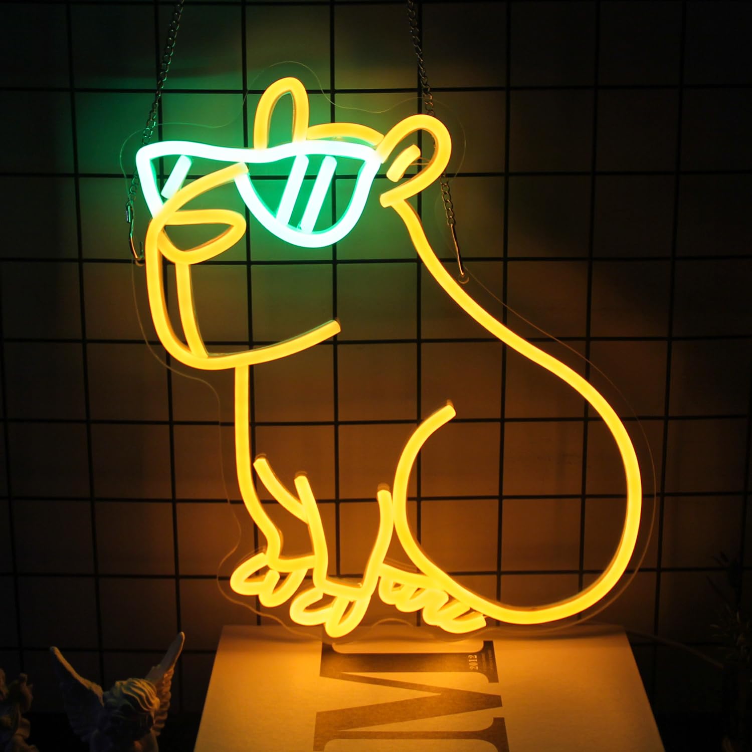 Cool Capybara Neon Sign Cute Animal with Glasses Yellow Green LED Signs for Wall Cartoon Neon Lights for Bedroom Capybara Neon N