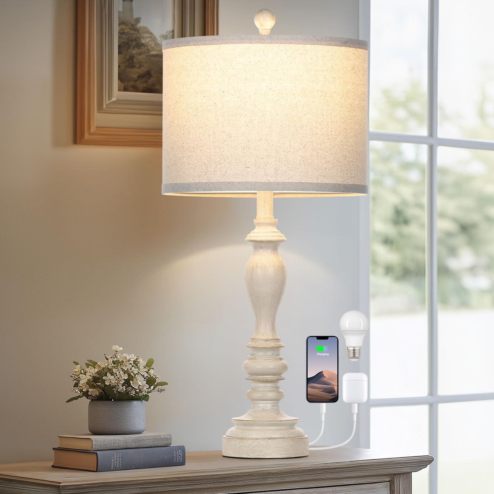 Cinyirong 27.5'' Single Table Lamp For Living Room, Farmhouse Bedside Lamps With Usb A+C Charging Ports For Bedroom Kids Room Do
