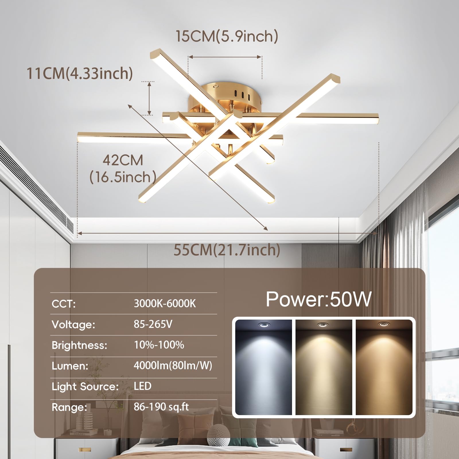 CANEOE Modern Led Ceiling Light, 6-Lights Gold Sputnik Semi Flush Mount, Aluminum, Model CL-6TXGD-D