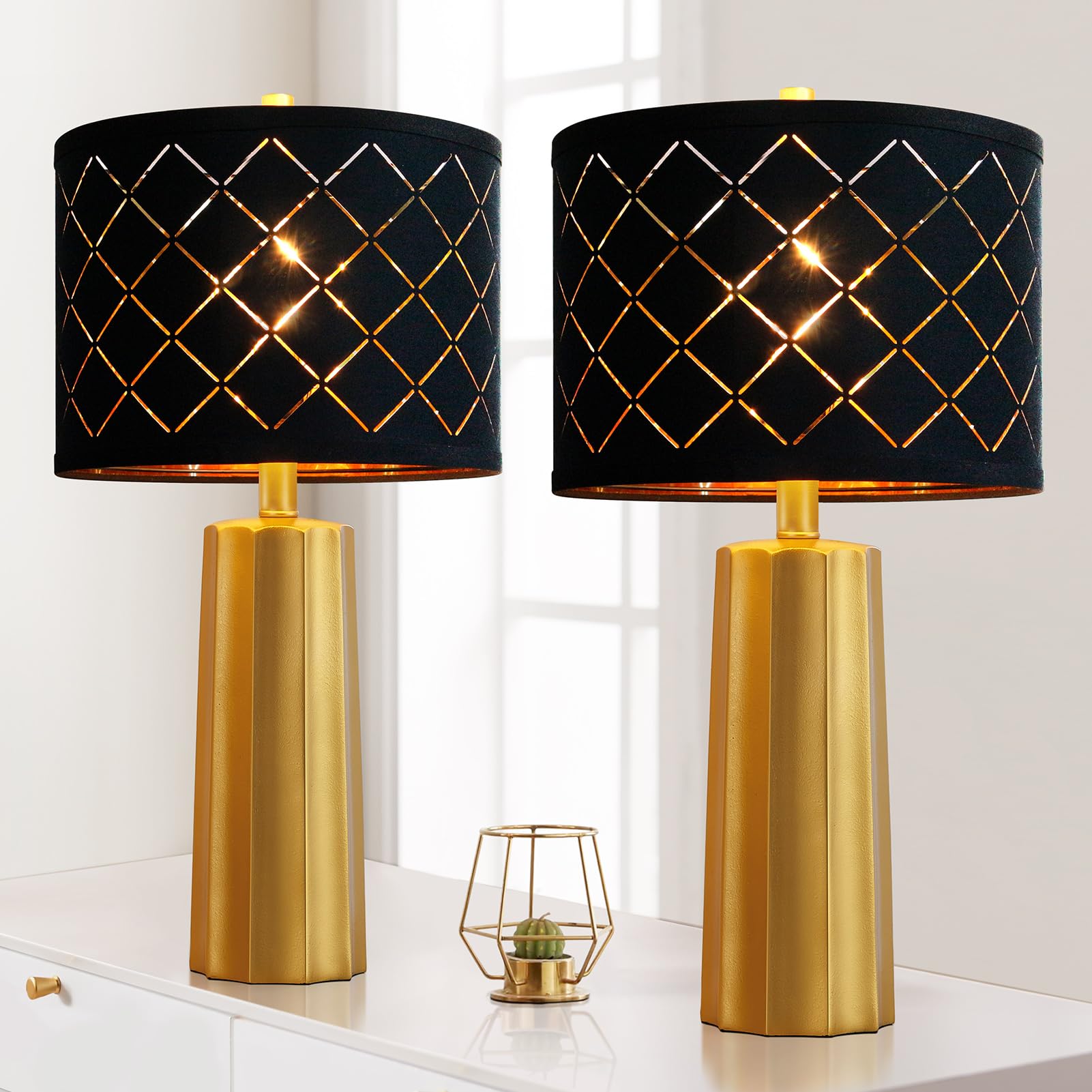 RORIANO Set of 2 Modern Table Lamps for Living Room Bedroom, Gold Nightstand Resin Lamps with Black Grid Shade, Contemporary Des