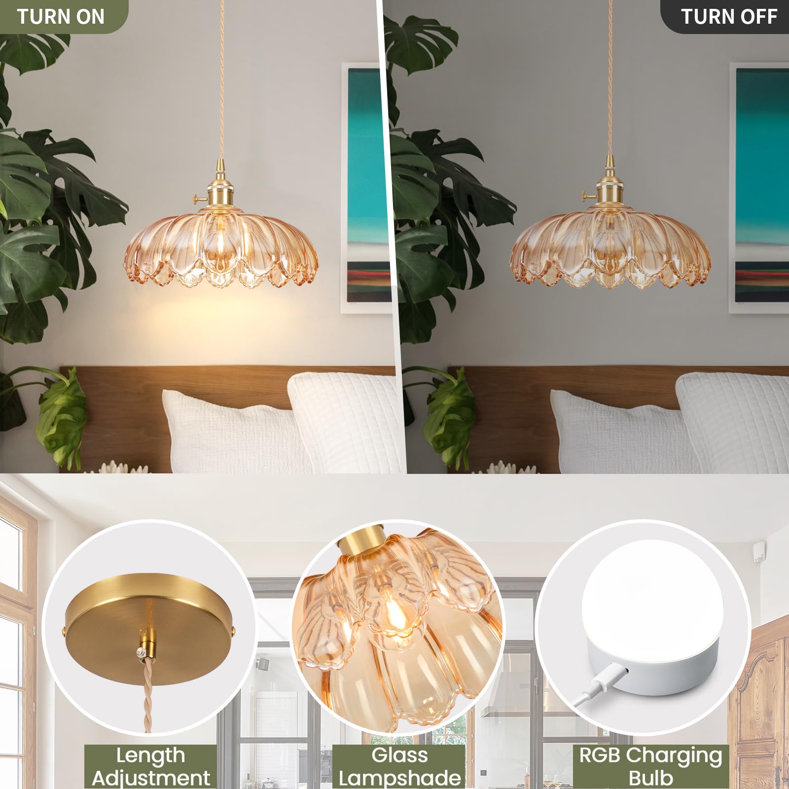 Loiogohot Battery Operated Pendant Light, RGB 9.8in, Glass, Peony Amber, Model PL-BN1178-CD-AM, Wireless, Adjustable, Rechargeable