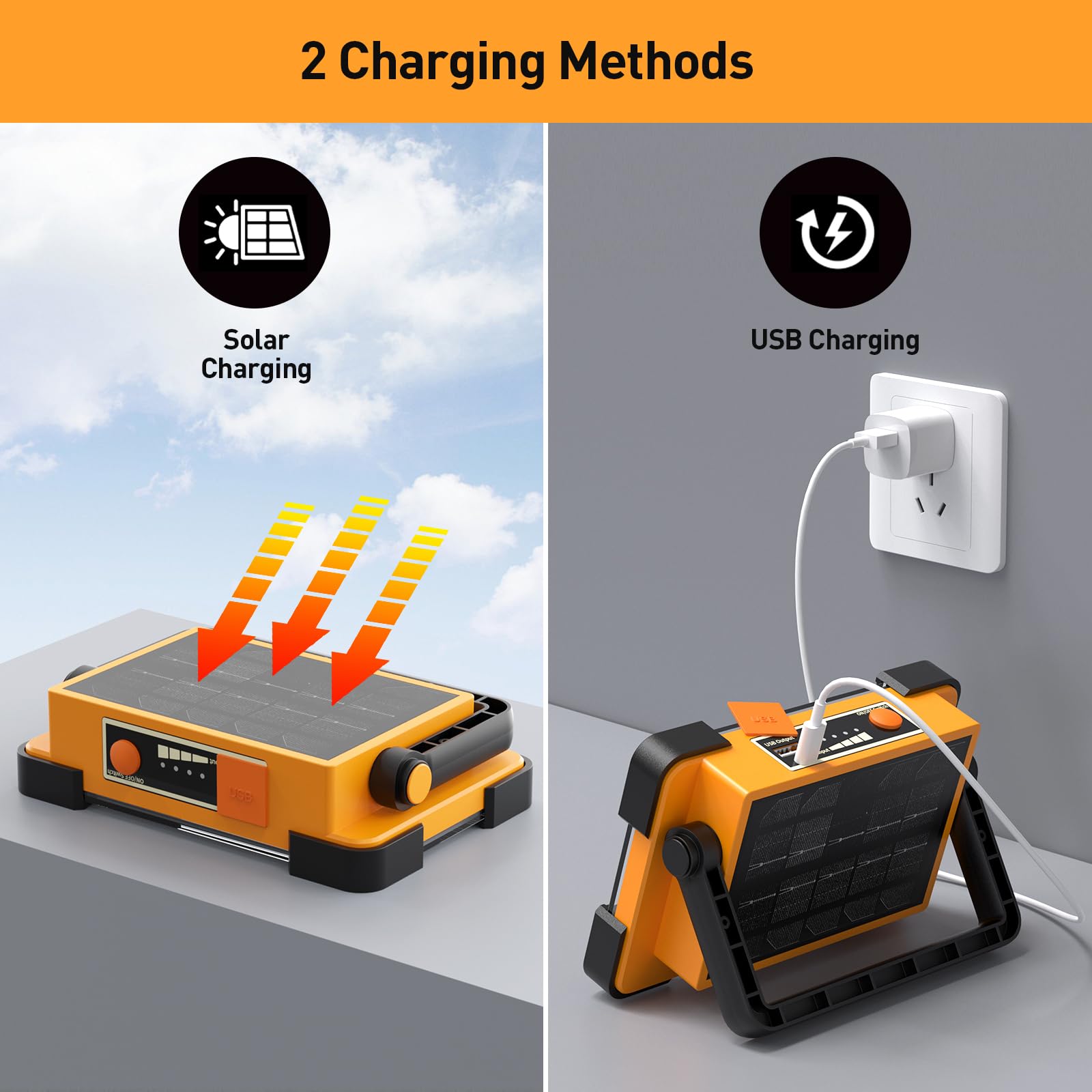 DANCINGBOAR 120W Solar Rechargeable Work Light - 144 LED, 10000LM, IP66 Waterproof, Yellow, Model U8CUP, Portable Flood Light for Camping &
