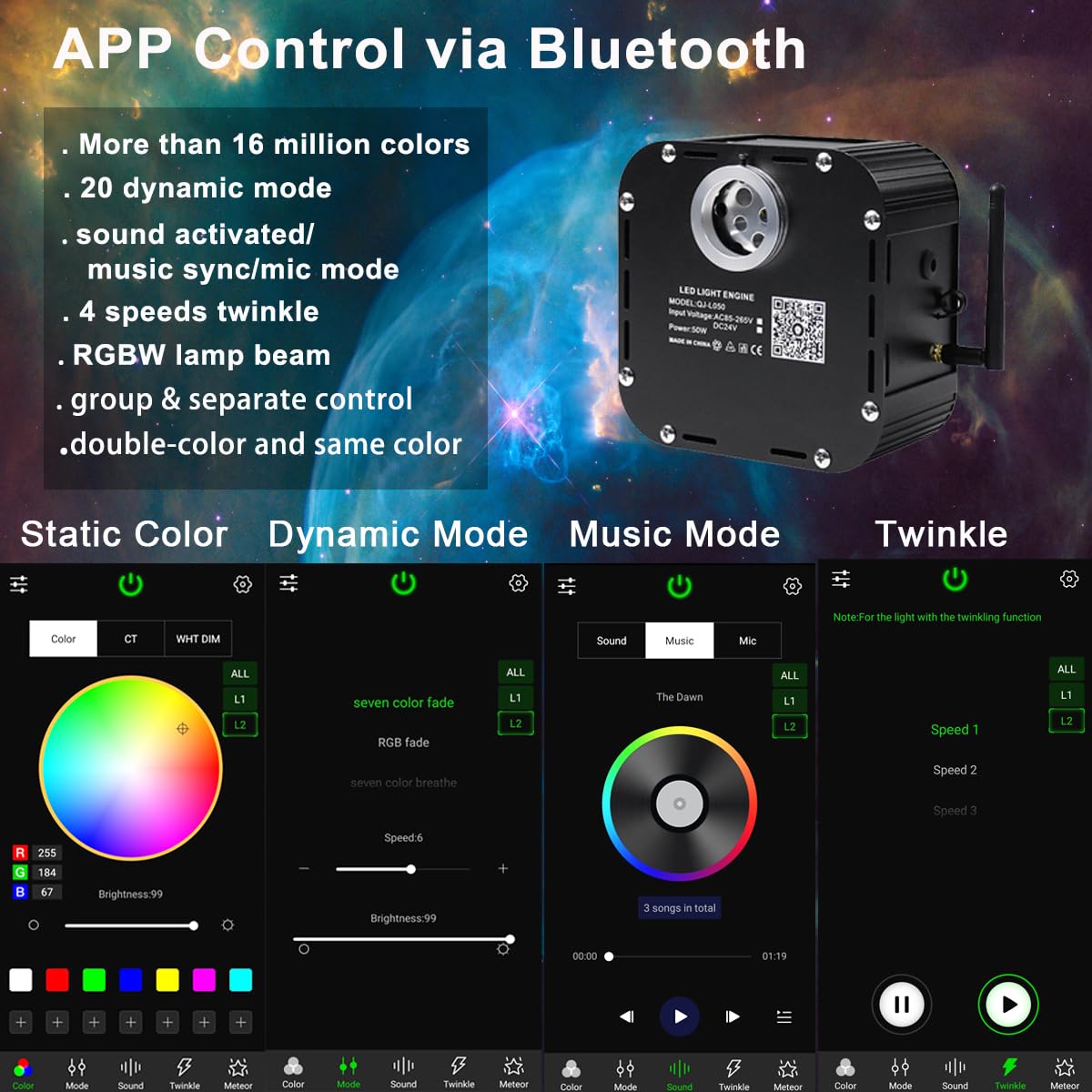 AZIMOM Fiber Optic Starlight Kits, 50W, 800pcs, 0.03in x 13.1ft, Sound Activated, Bluetooth Control, Black, Model Q