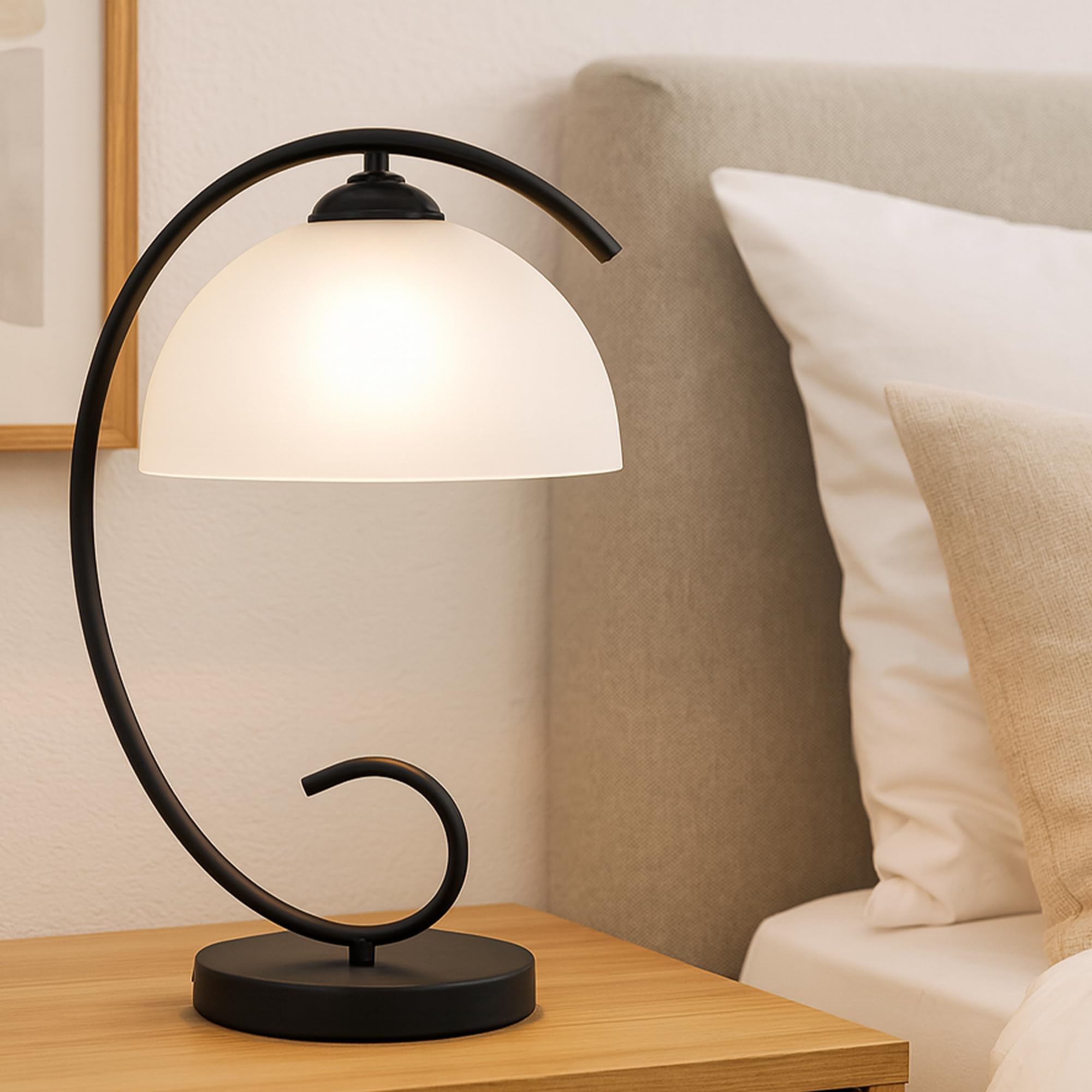Modern Table Lamp for Bedroom, 17.5 Tall Plug-in Bedside Lamp with Frosted Glass Dome Shade, Sand Black Metal Base, E26 Socket, 