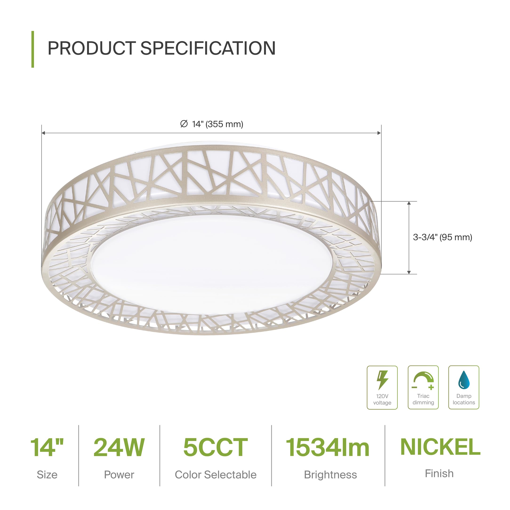 ASD 14 Inch LED Flush Mount Ceiling Light, Brushed Nickel, 24W, Dimmable, Model A-LOFT-FM-14D24NK