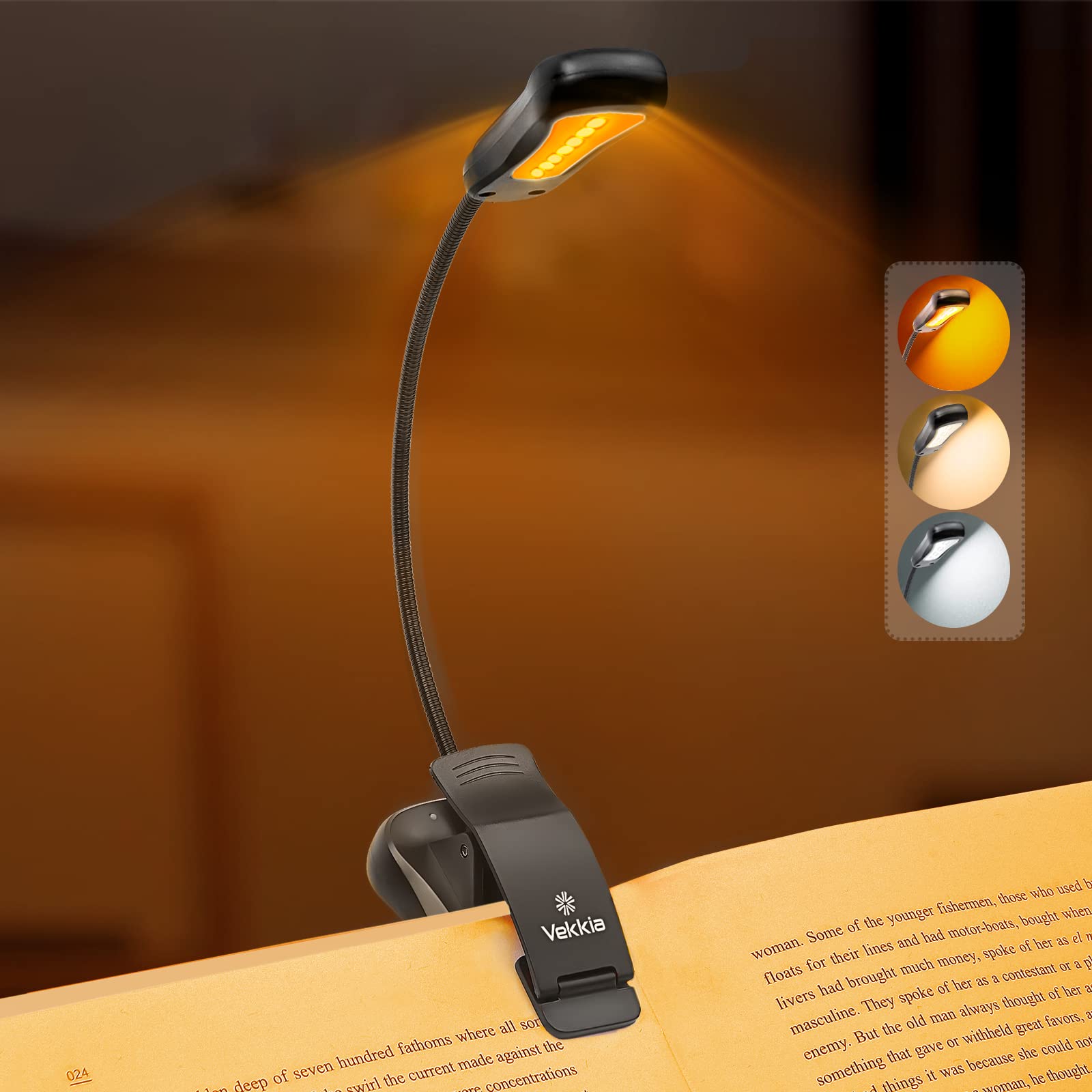 Vekkia Rechargeable Amber Book Light, 3 Brightness Levels, 3 Color Temperatures, 2.1 oz, Adjustable Black