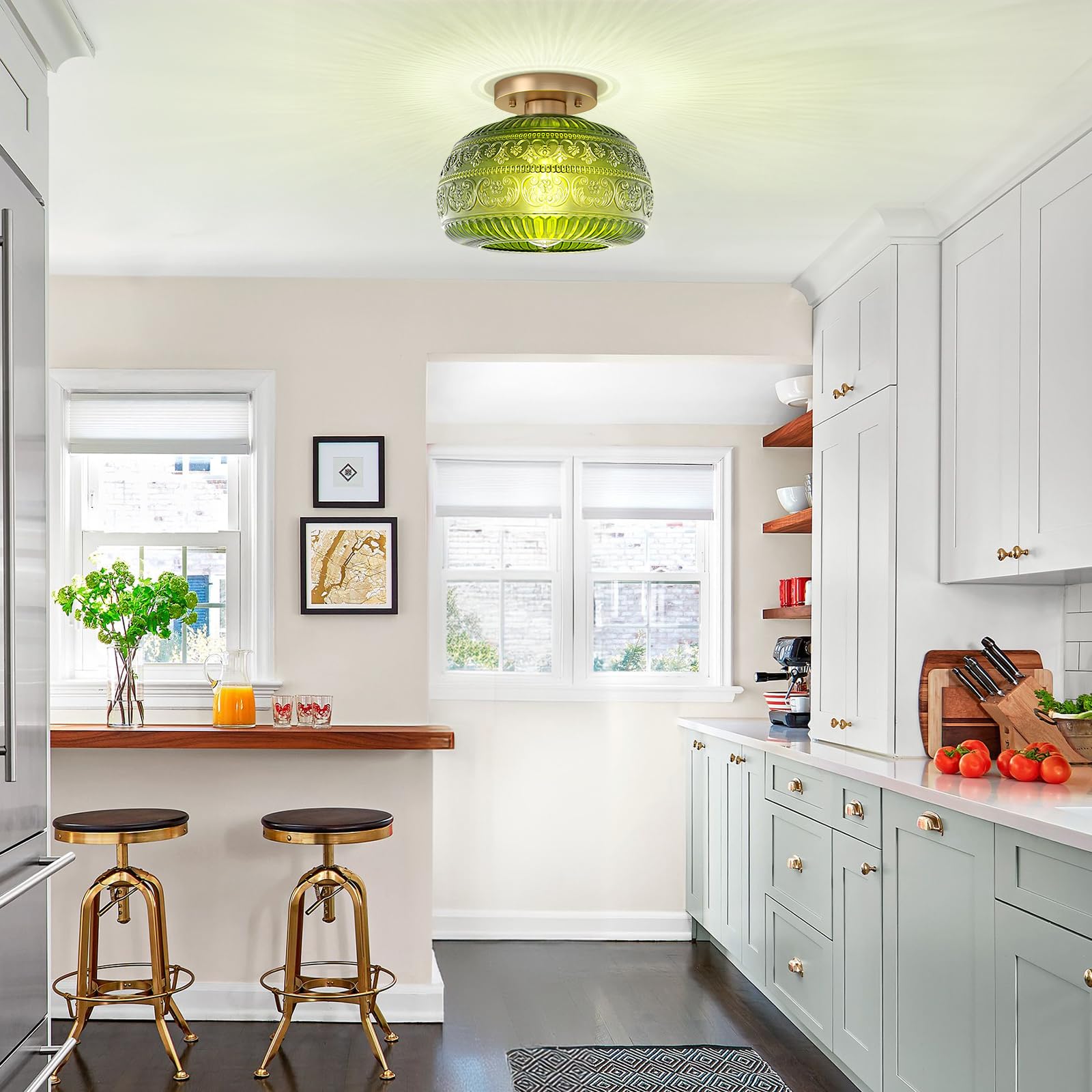 Oykyohei Vintage Gold Semi Flush Mount Ceiling Light Fixture With Green Glass, 11&quot; For Hallway & Kitchen