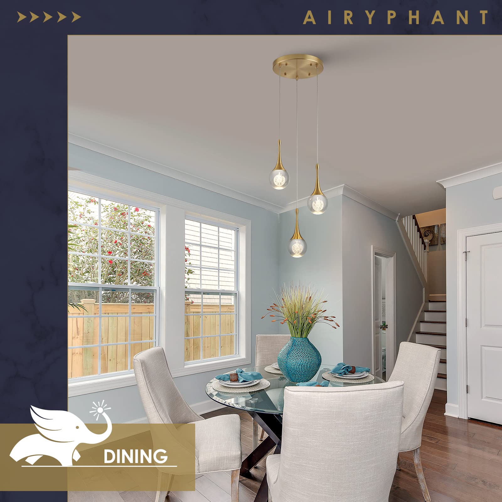 Airyphant 3 Light Gold Pendant Lighting, 15W Modern Dimmable Led Teardrop Crystal Chandelier Cluster Pendant Light For Kitchen I
