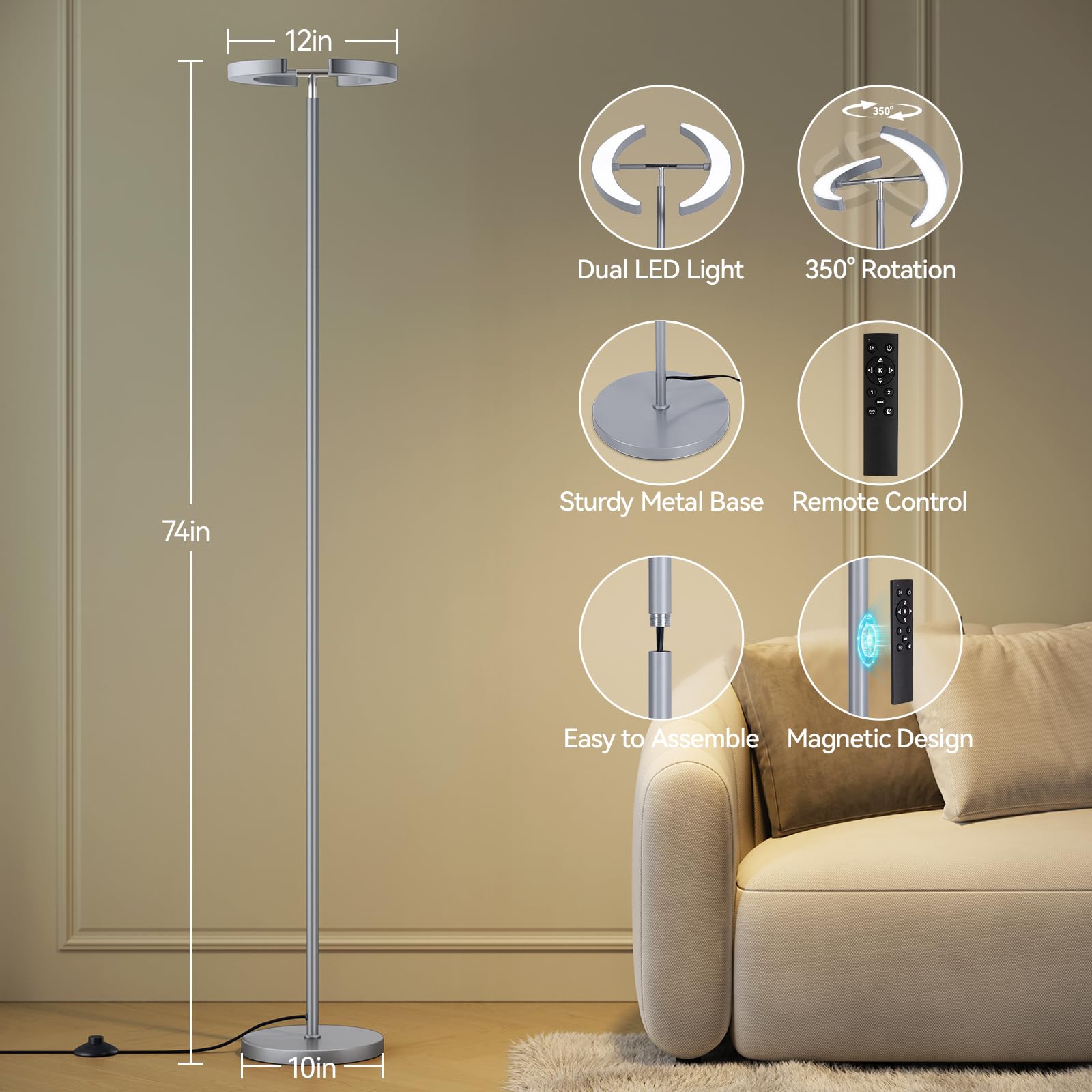 SUNMORY LED Floor Lamp, 28W Bright Standing Lamp, 74" Tall, Gray, with 2 Rotatable Lights & Remote, Modern Reading Corner Lamp for Living Room