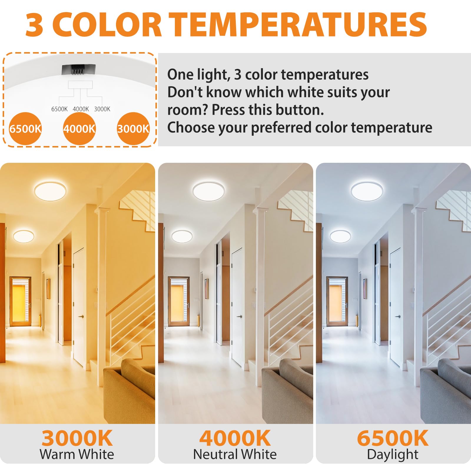 Slochi 2 Pack Motion Sensor Led Ceiling Light Wired, 3000K 4000K 5000K Flush Mount Light Indoor, 15W 1500Lm 7 Inch Motion Activa