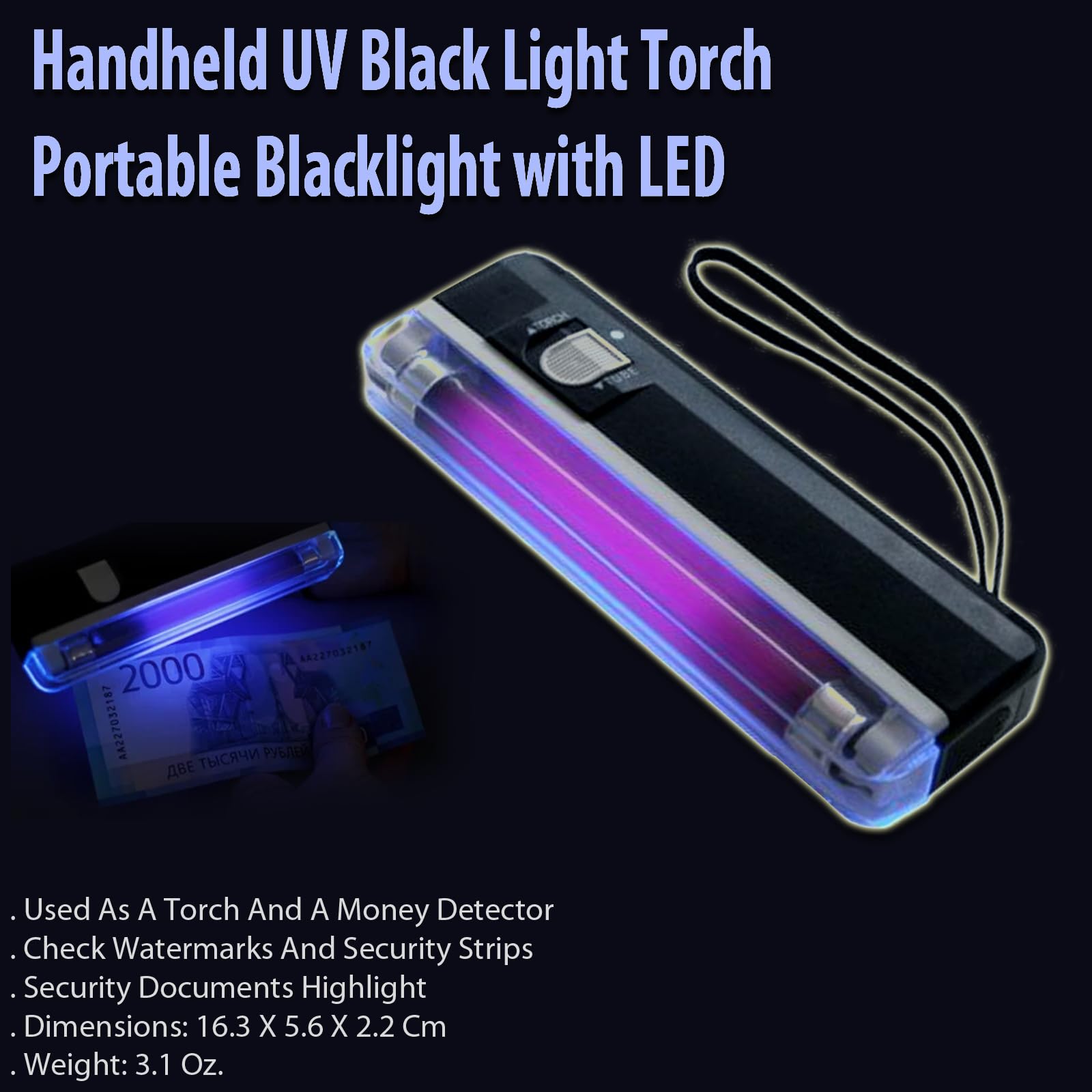 Voila Handheld UV Black Light Torch - Portable LED Blacklight, Black, Model EGHHUV4