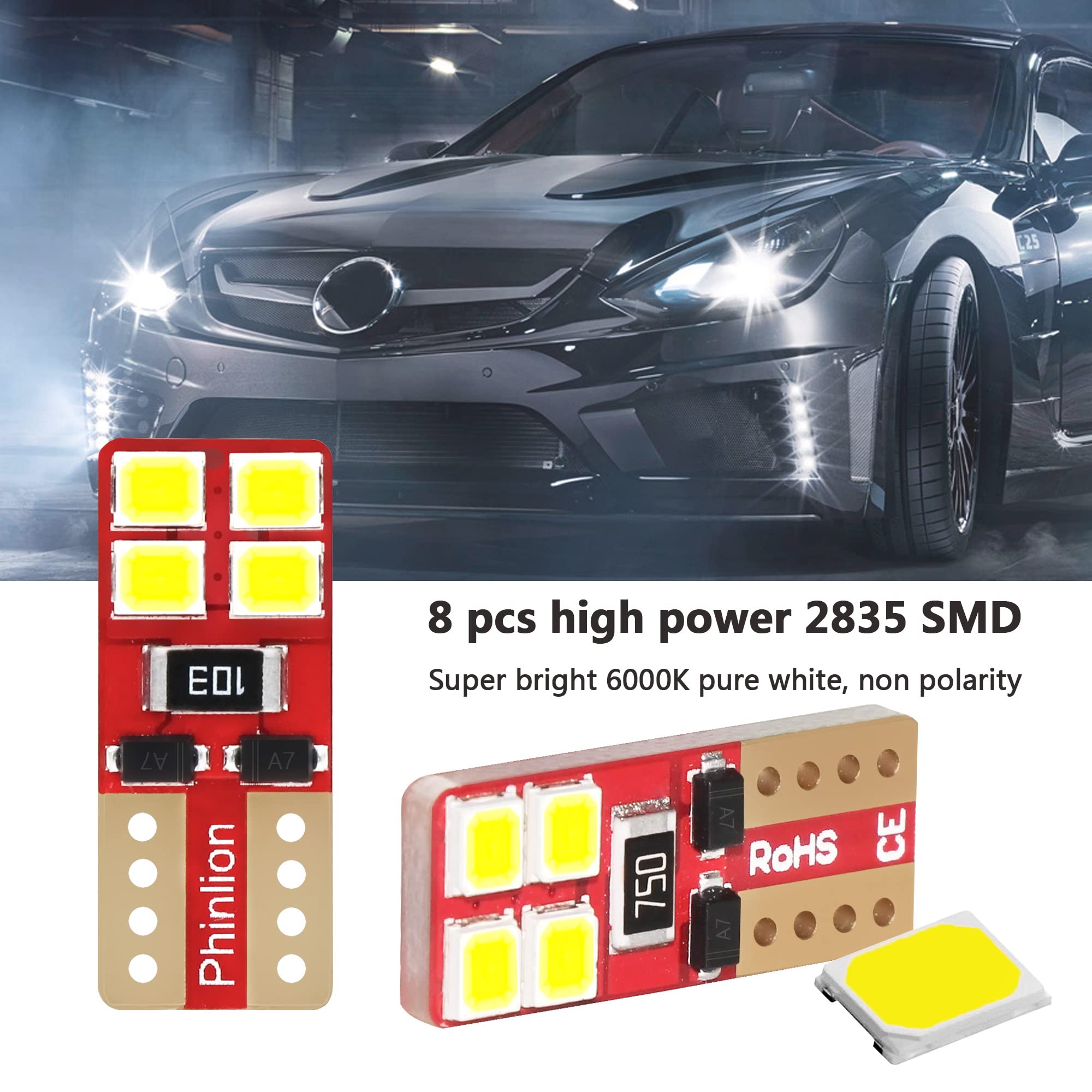 PHINLION LED Light Bulb T10-2835-8SMD-W, 6000K White, Super Bright Replacement Bulbs for Car Interior, Pack of 10
