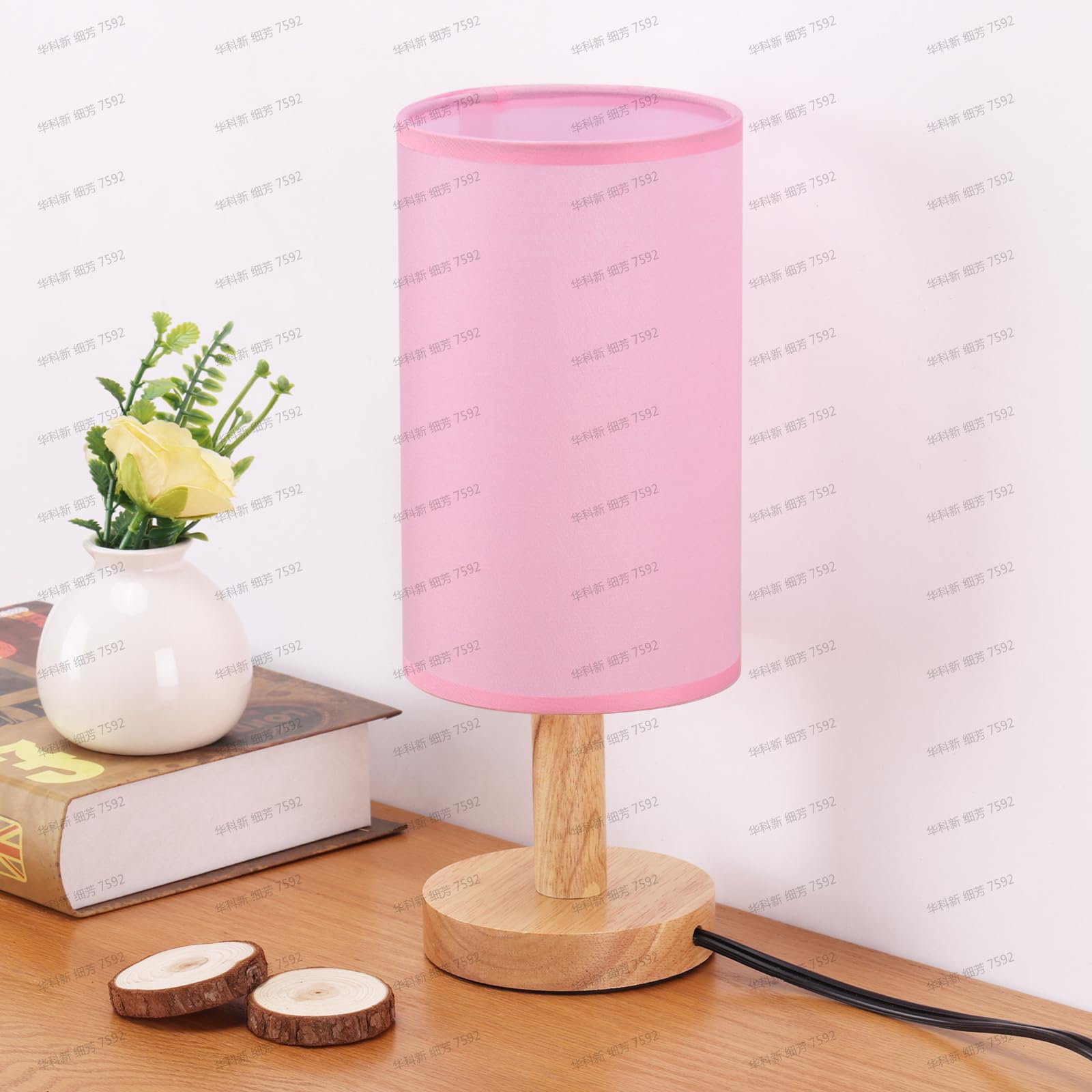Pink Small Bedside Table Lamp for Bedroom,Natural Round Wood Base&Fabric Linen Shade,Cozy Night Table Light for Study Reading,Mi