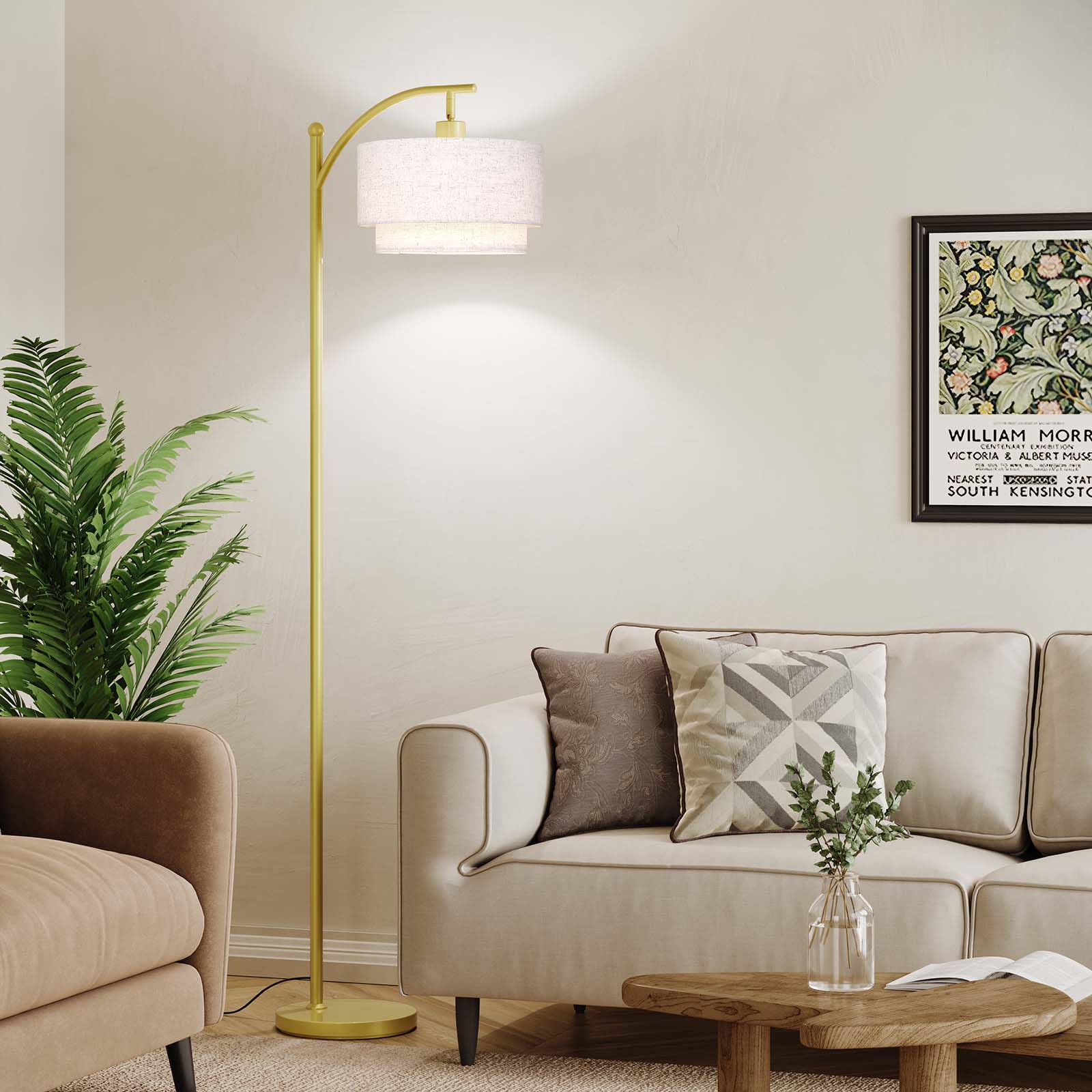 SUNMORY Arc Floor Lamp with 12W LED Bulb, Adjustable Double Fabric Shades, Gold, Model SR000149A, Linen Lampshade