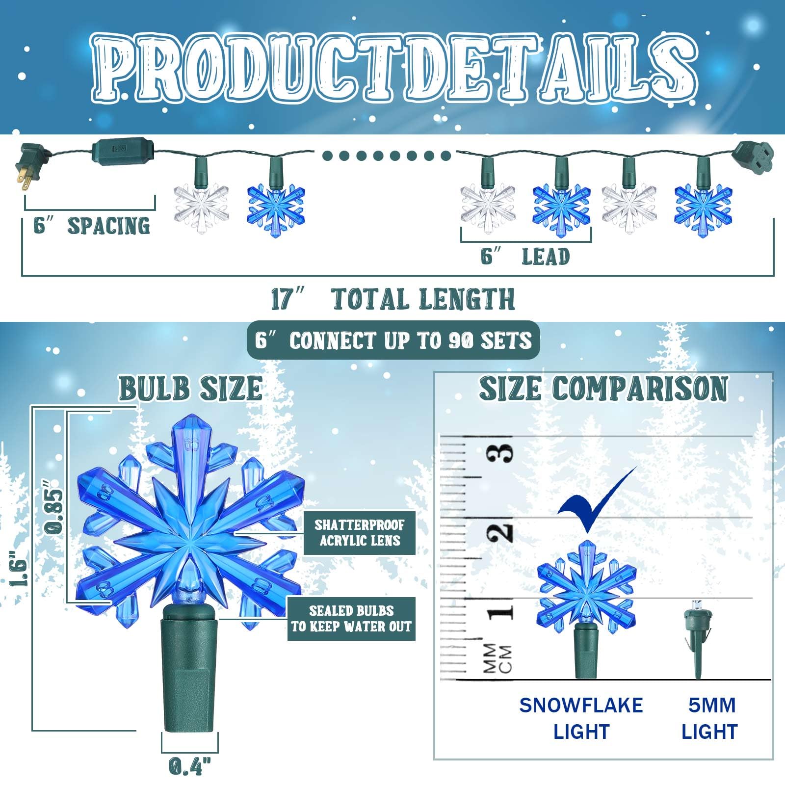 Glooglitter Winter Snowflake String Lights 35 LED 18 ft Blue White Plastic Model JEI-Glooglitter-1236