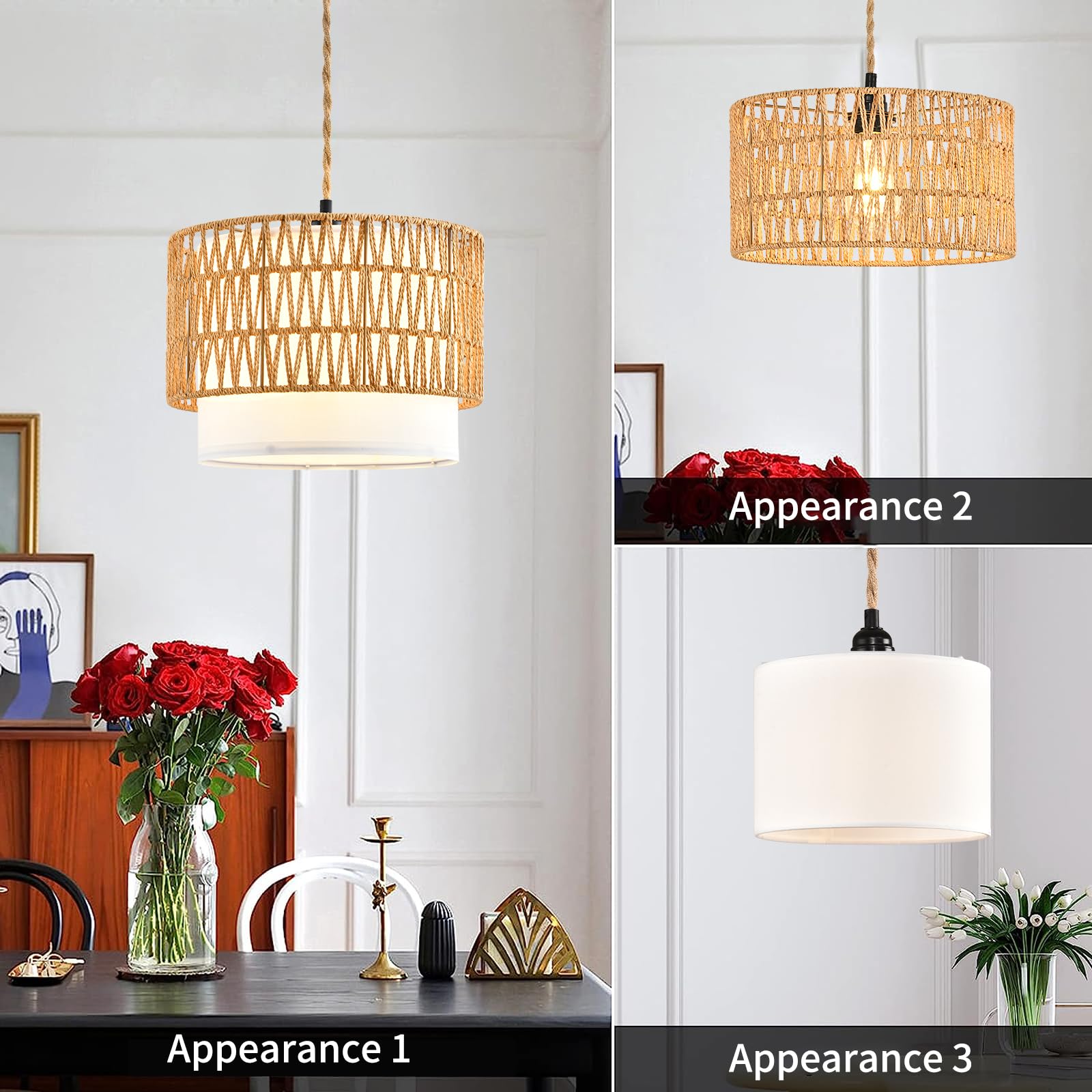 ZECOXOL Boho Pendant Light Rattan Hanging Lamp with Dimmer Switch 12in Two Layers-Shape Wicker Shade for Bedroom Living Room Kitchen Island