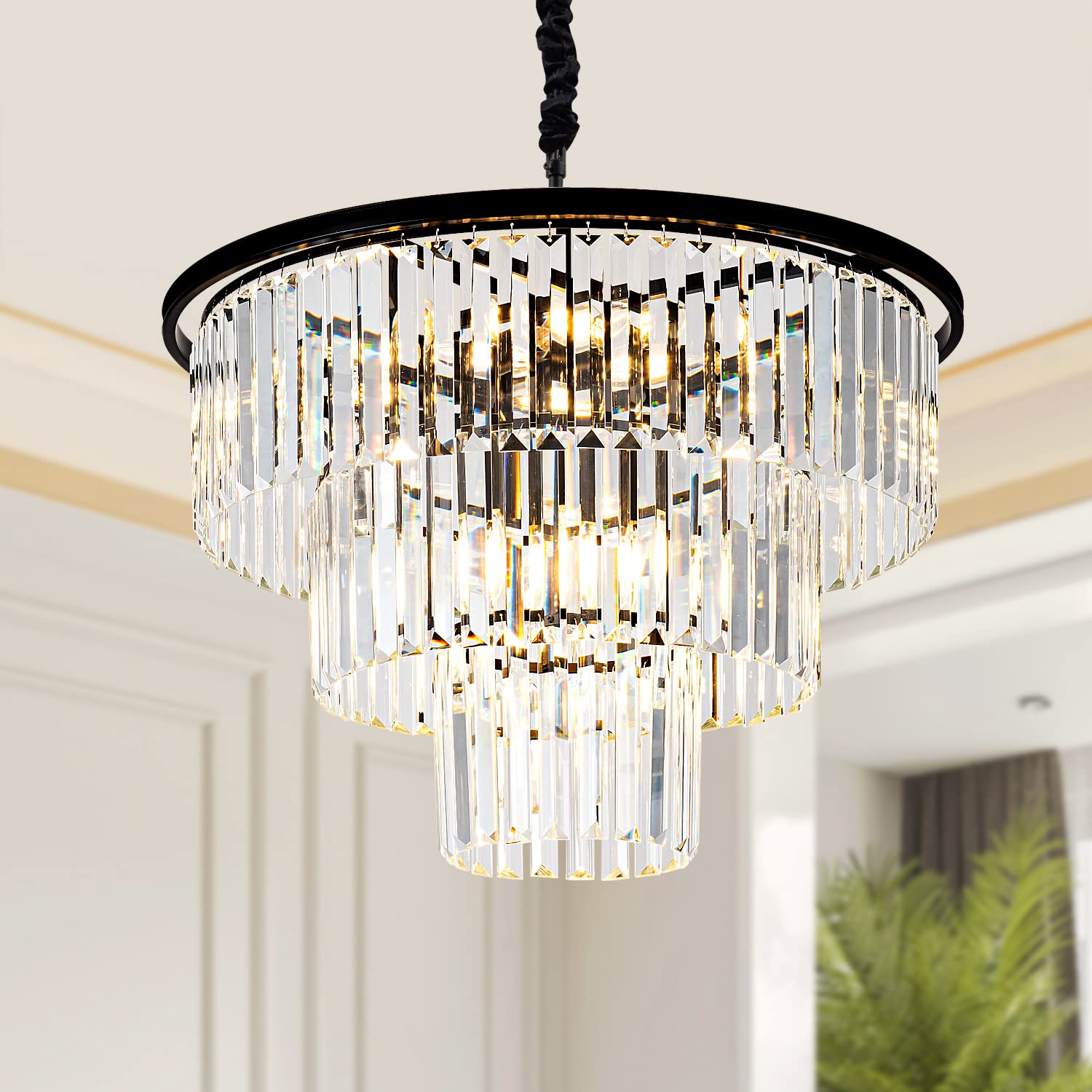 Brfaixla 12 Lights 23.64 Black Modern Crystal Chandelier Crystal Pendant Ceiling Light Fixture 3-Tier Hanging Lighting For Dinning Room Bedroom Living Room Foyer