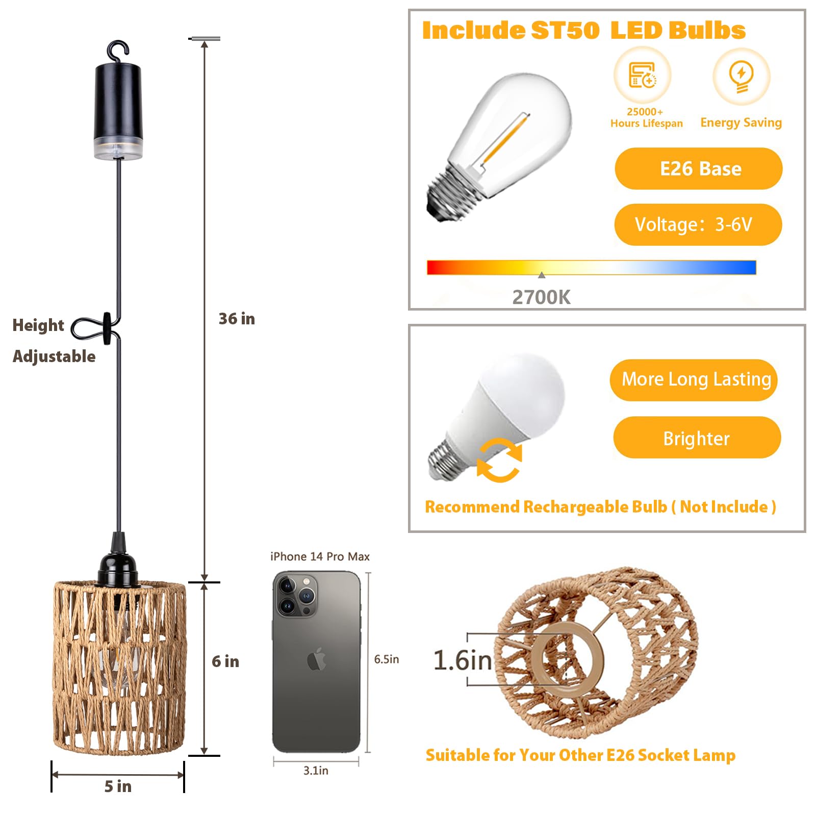 ALL FORTUNE Battery Operated Rattan Chandelier Light, Warm White, Model KF61822, Beige, Perfect for Indoor/Outdoor Decor