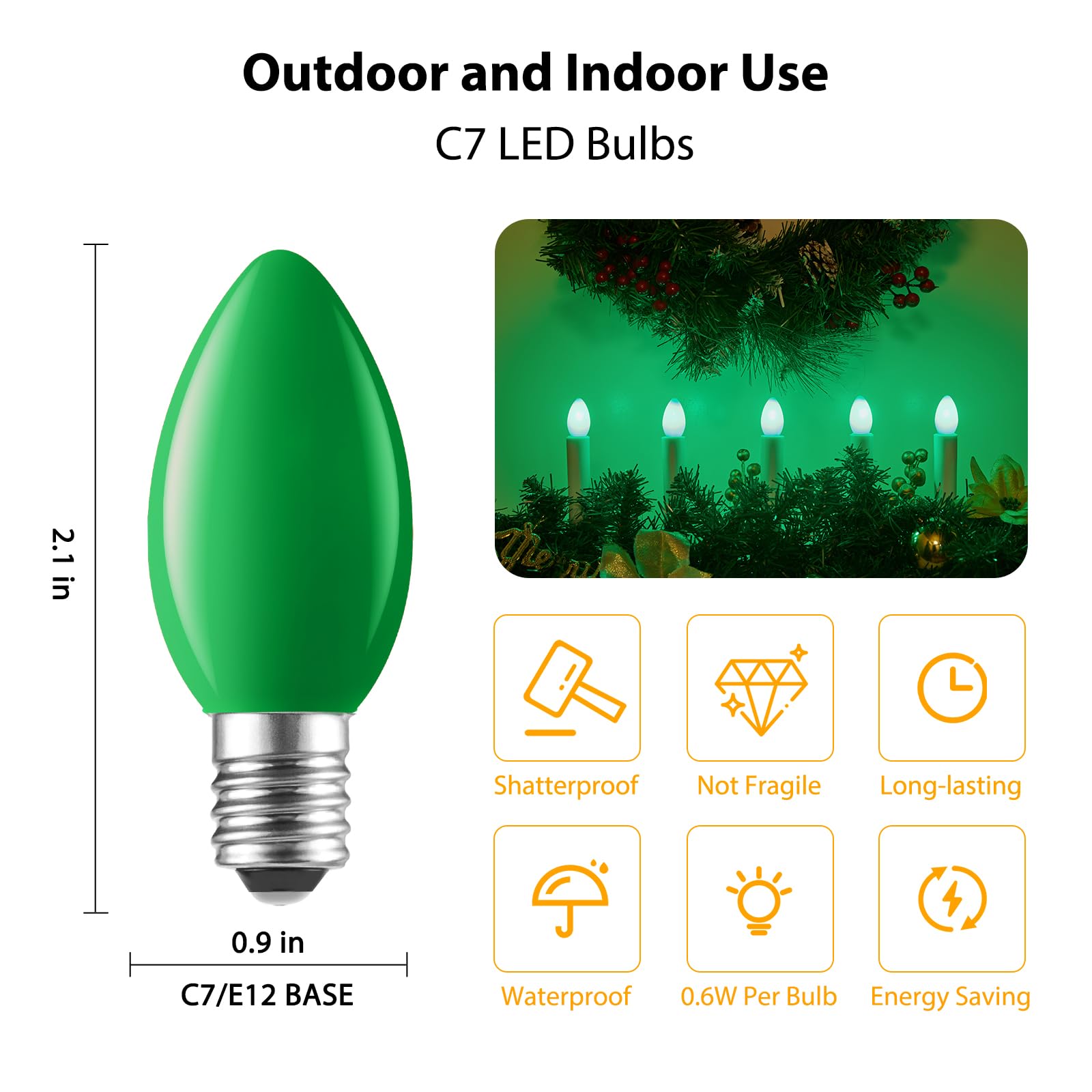25 Pack C7 Led Christmas Lights Bulb Replacement Light Bulbs Green Commercial Light Bulbs