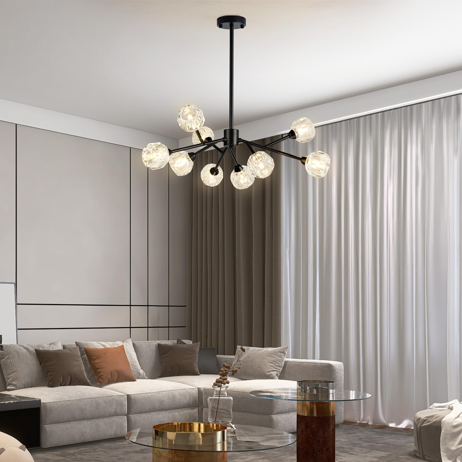 Weesalife Black Sputnik Chandelier, 9-Light Modern Crystal Fixture For Dining Room & Kitchen
