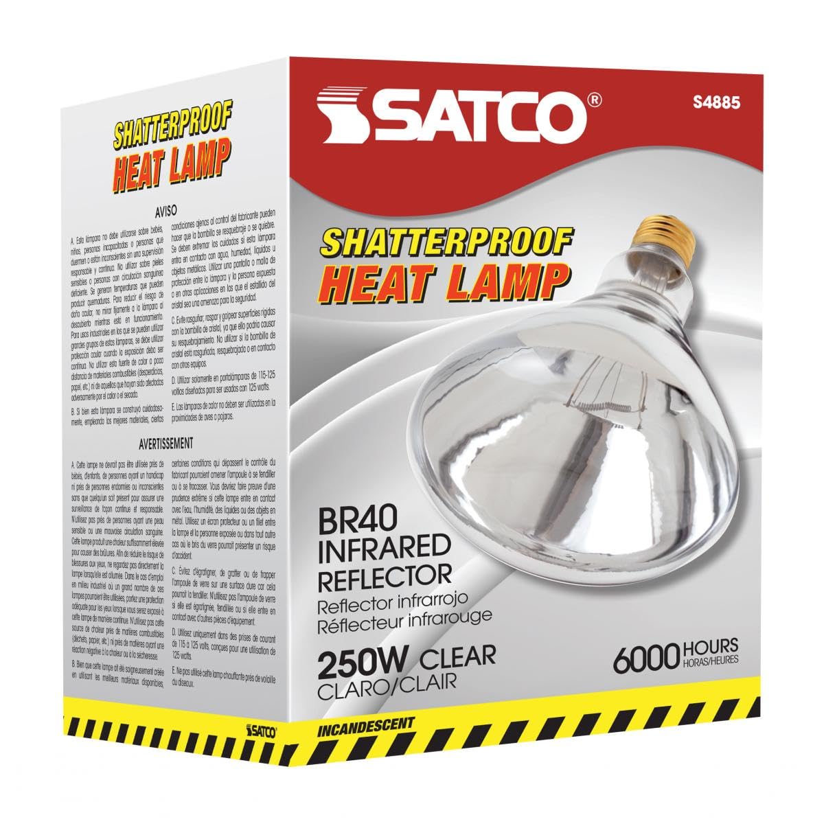 Satco S4885 Br40 Incandescent Heat Lamp Bulb, 250W, 120V, E26 Base, Clear Heat, Dimmable, Shatterproof Pfa Coating, 6000H, 2700K