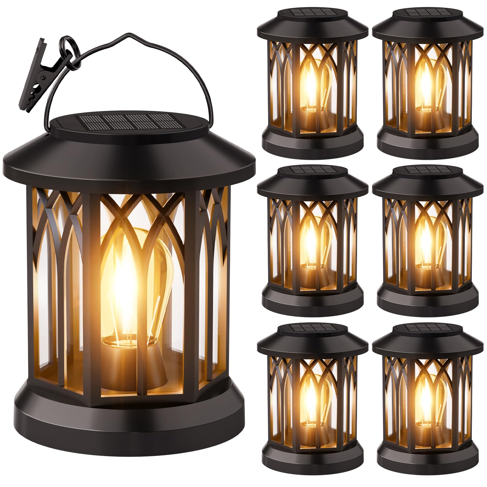 SIMLIX Solar Lanterns 6 Pack - Waterproof Hanging Patio Decor, Black ABS Material, Outdoor Lanterns for Garden, Gifts for Women Family