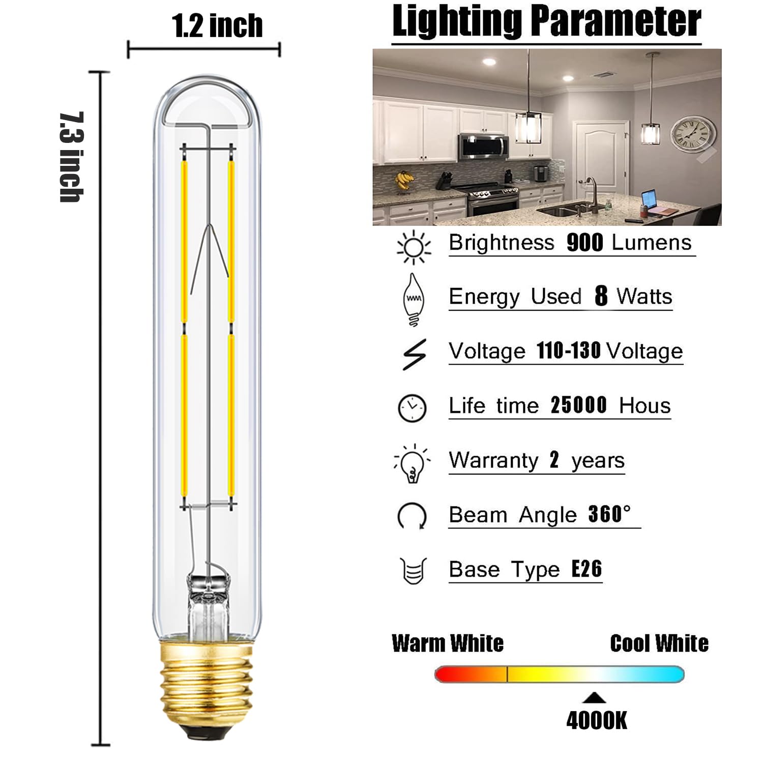 Leools Dimmable E26 Edison Bulb 8W Equal 75 Watt Light Bulb Ac120V Daylight 4000K Edison Light Bulbs 75 Watt 800Lm Tubular T10 L