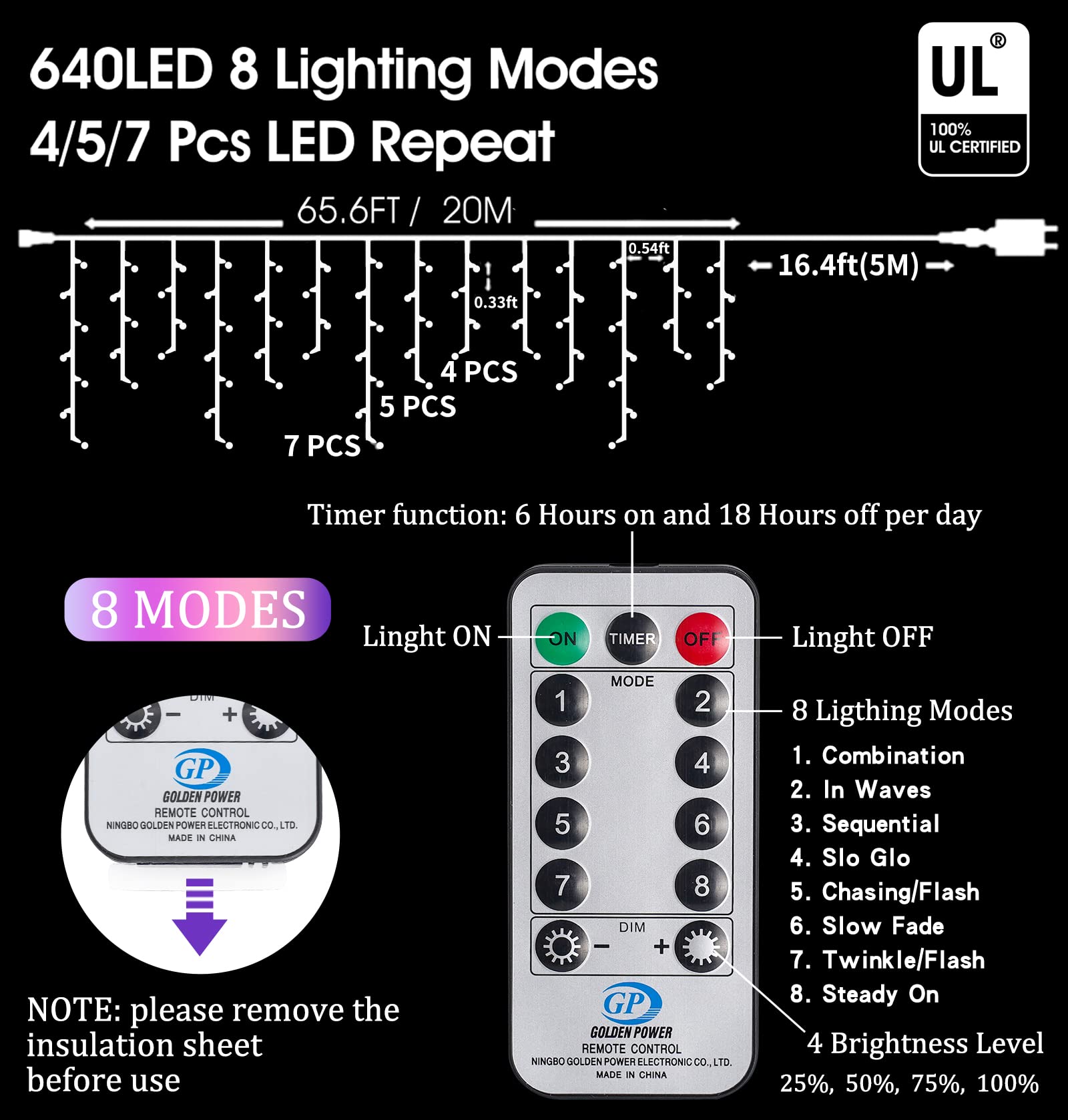 Christmas Icicle Lights Outdoor Decorations 640 Led 65.6 Ft Icicle String Lights With 120 Drops, 8 Modes Curtain Fairy Icicle Lights For Christmas Wedding Party Eaves Patio Yard (Warm White)