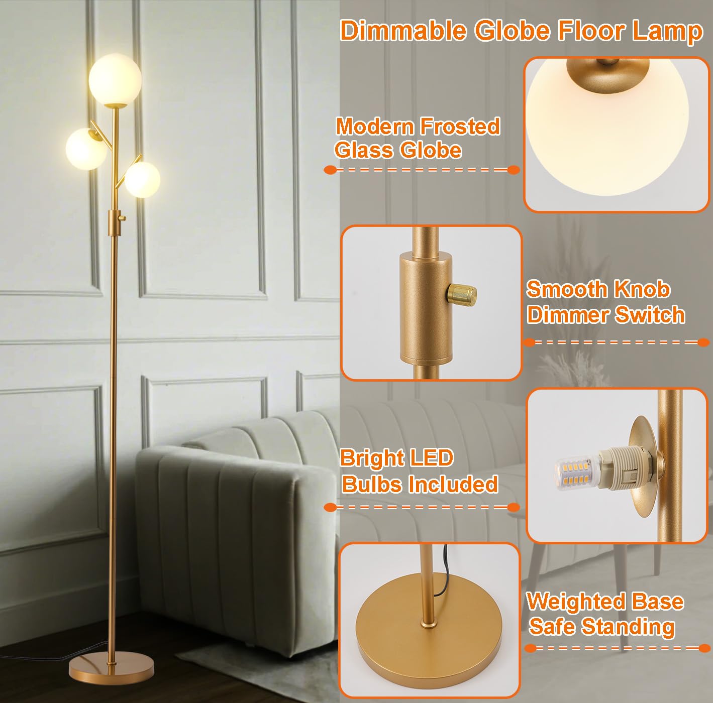Fiqevs ?Upgraded? Dimmable Floor Lamp, 3 X 800Lm Led Bulbs Included Brightness Adjustable, Mid Modern Globe Floor Lamps For Livi